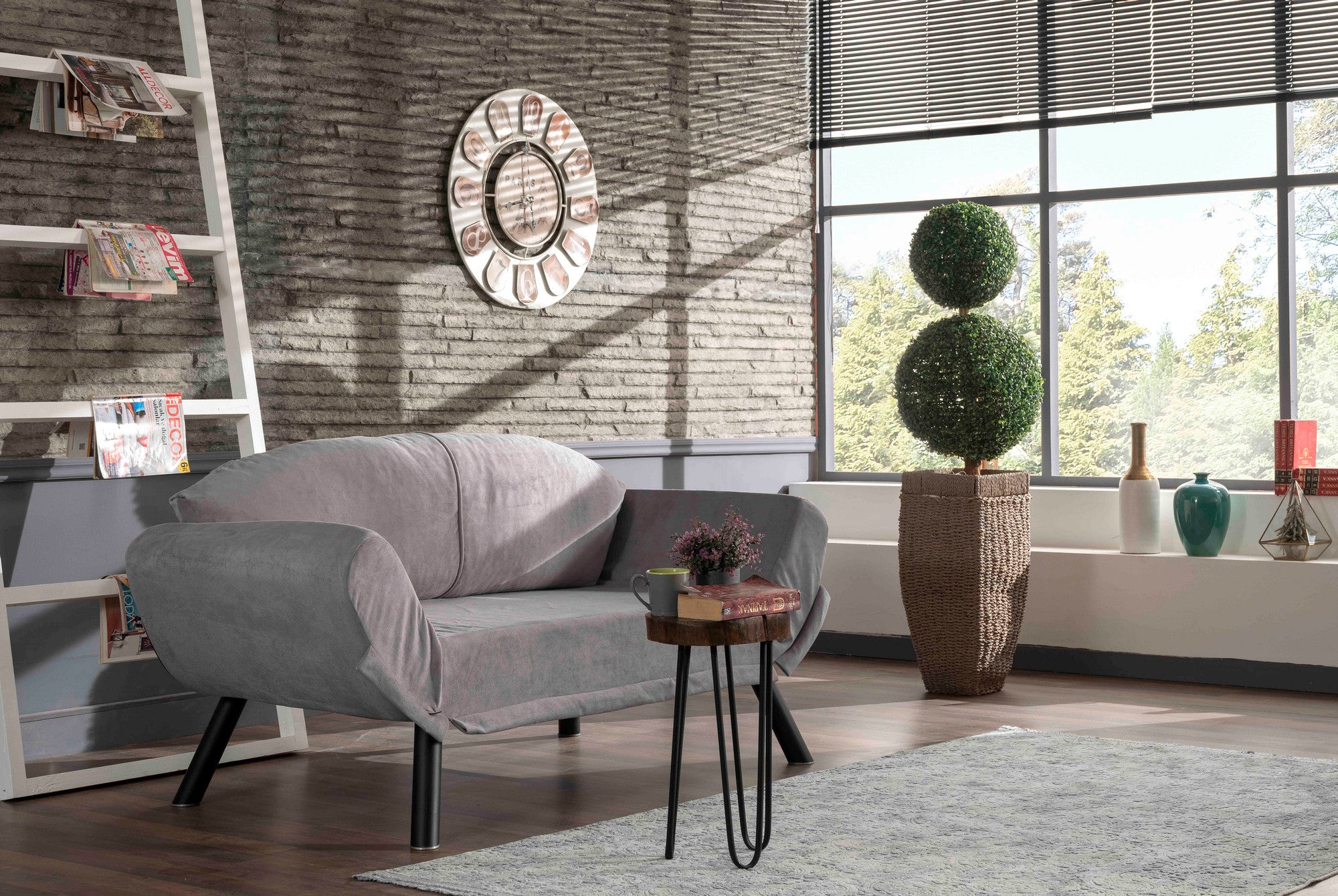 Sofá-cama elegante de 2 lugares, cinza, 177 cm | Estrutura 100% metálica, tecido fácil de limpar, braços multiposições | Perfeito para salas de estar modernas e quartos de hóspedes