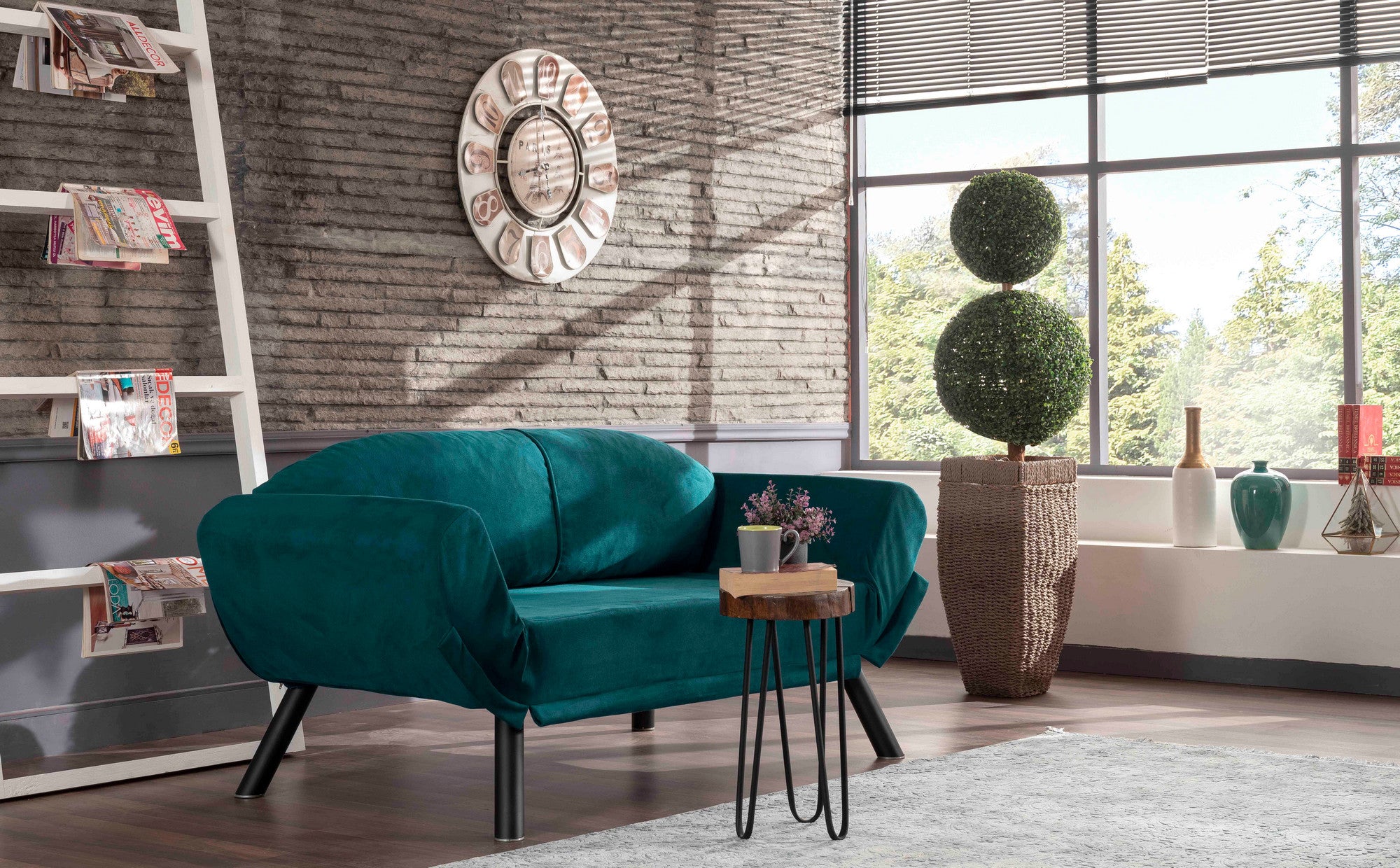 Sofá-cama elegante de 2 lugares, azul-petróleo, 177 x 87 x 75 cm | Estrutura 100% metálica, tecido fácil de limpar, braços multiposições | Perfeito para espaços de convivência modernos