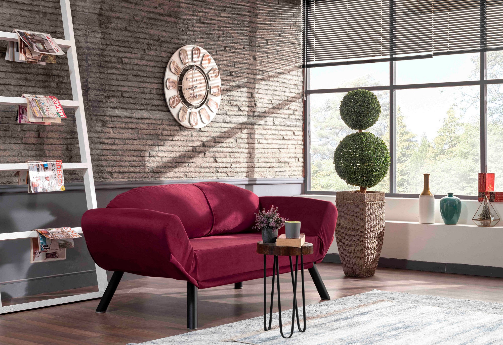 Sofá-cama moderno de 2 lugares, marrom, 177 x 87 x 75 cm | Estrutura 100% metálica, tecido fácil de limpar, braços multiposições, capacidade para 200 kg | Elegante e funcional