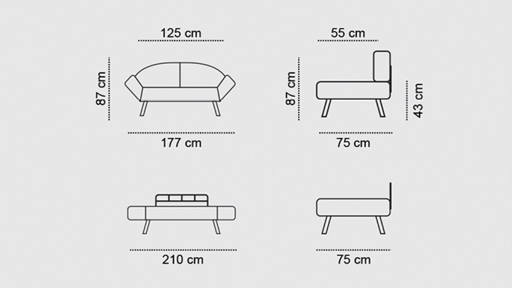 Sofá-cama moderno de 2 lugares, marrom, 177 x 87 x 75 cm | Estrutura 100% metálica, tecido fácil de limpar, braços multiposições, capacidade para 200 kg | Elegante e funcional