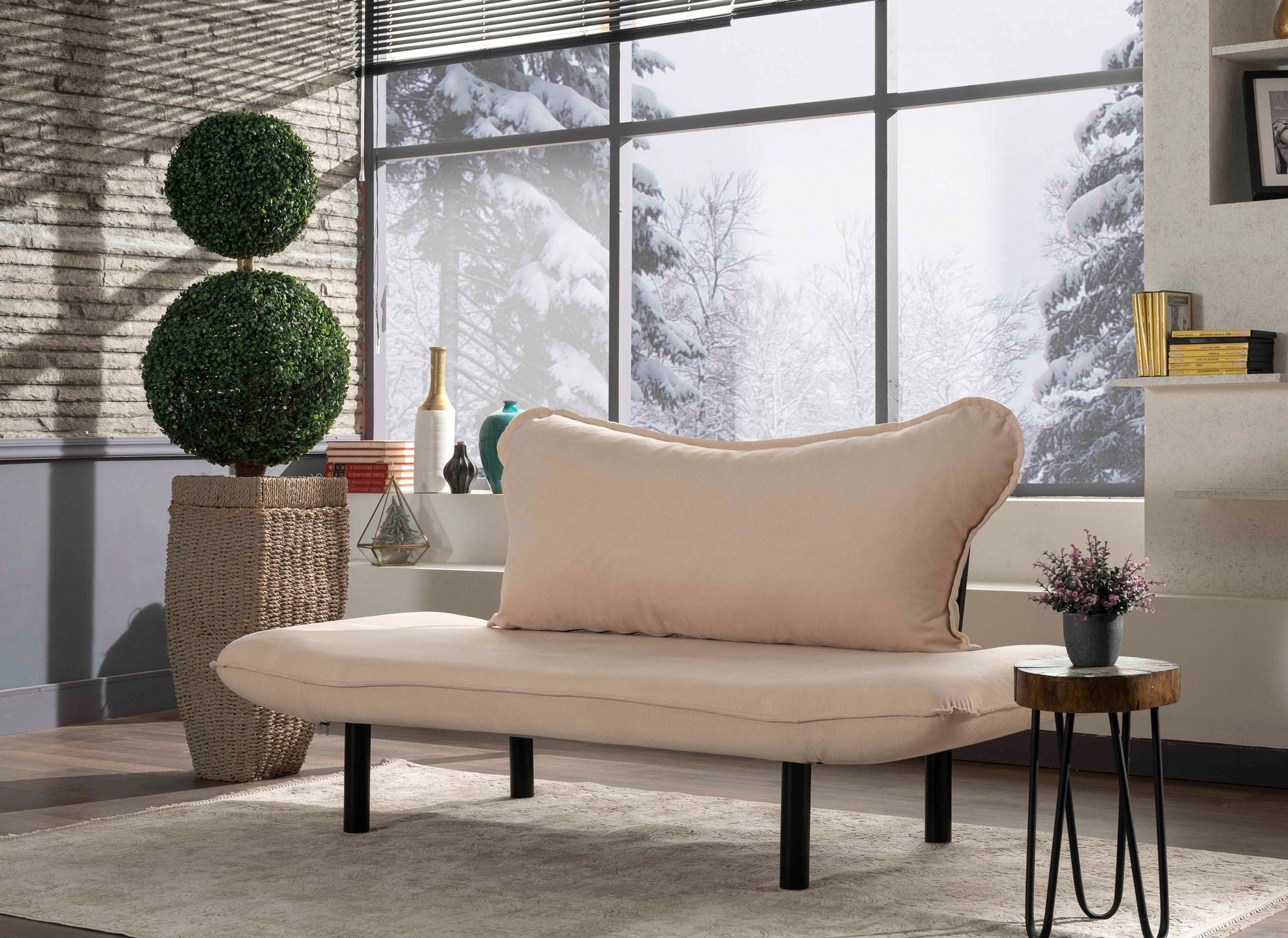 Sofá-cama moderno de 2 lugares, creme, 150 cm | Estrutura 100% metálica, tecido fácil de limpar, braços multiposições, capacidade de 200 kg | Elegante e funcional para casa e hotel