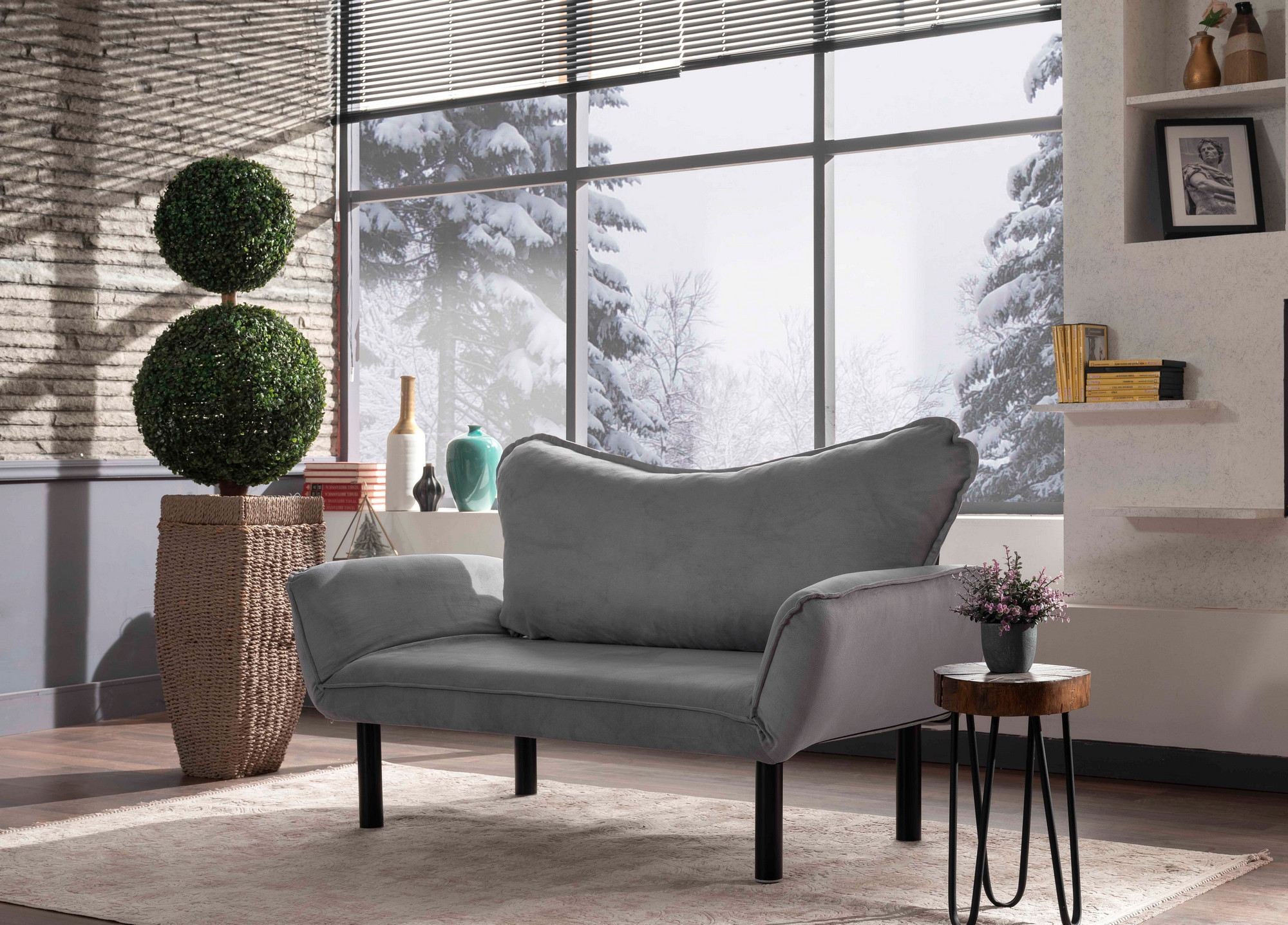 Sofá-cama moderno de 2 lugares, cinza, 150 cm | Estrutura 100% metálica, tecido fácil de limpar, braços multiposições, peso máximo de 200 kg | Elegante e funcional para casa e hotel