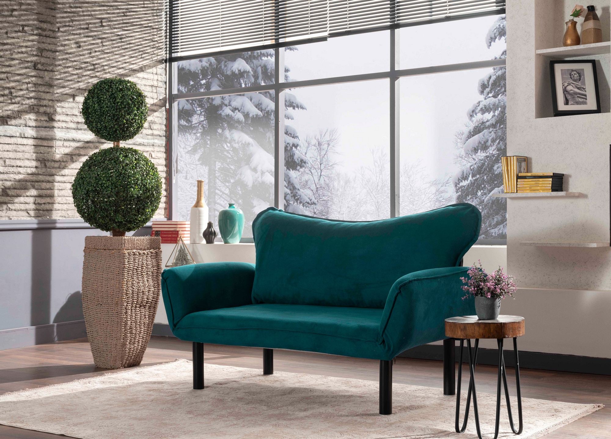 Sofá-cama elegante de 2 lugares, azul-petróleo, 150 cm | Estrutura 100% metálica, tecido fácil de limpar, braços multiposições, peso máximo de 200 kg | Design industrial moderno