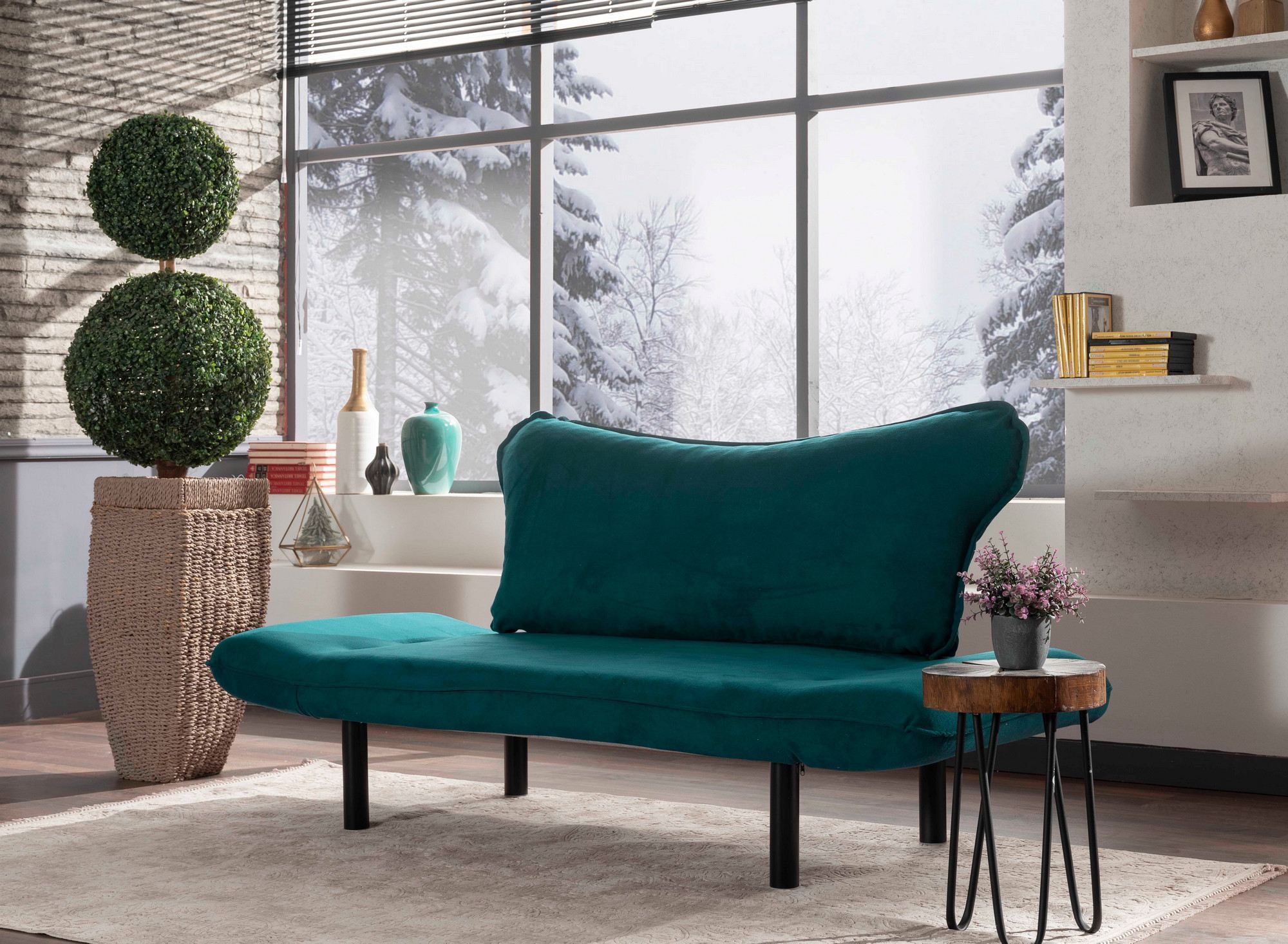 Sofá-cama elegante de 2 lugares, azul-petróleo, 150 cm | Estrutura 100% metálica, tecido fácil de limpar, braços multiposições, peso máximo de 200 kg | Design industrial moderno