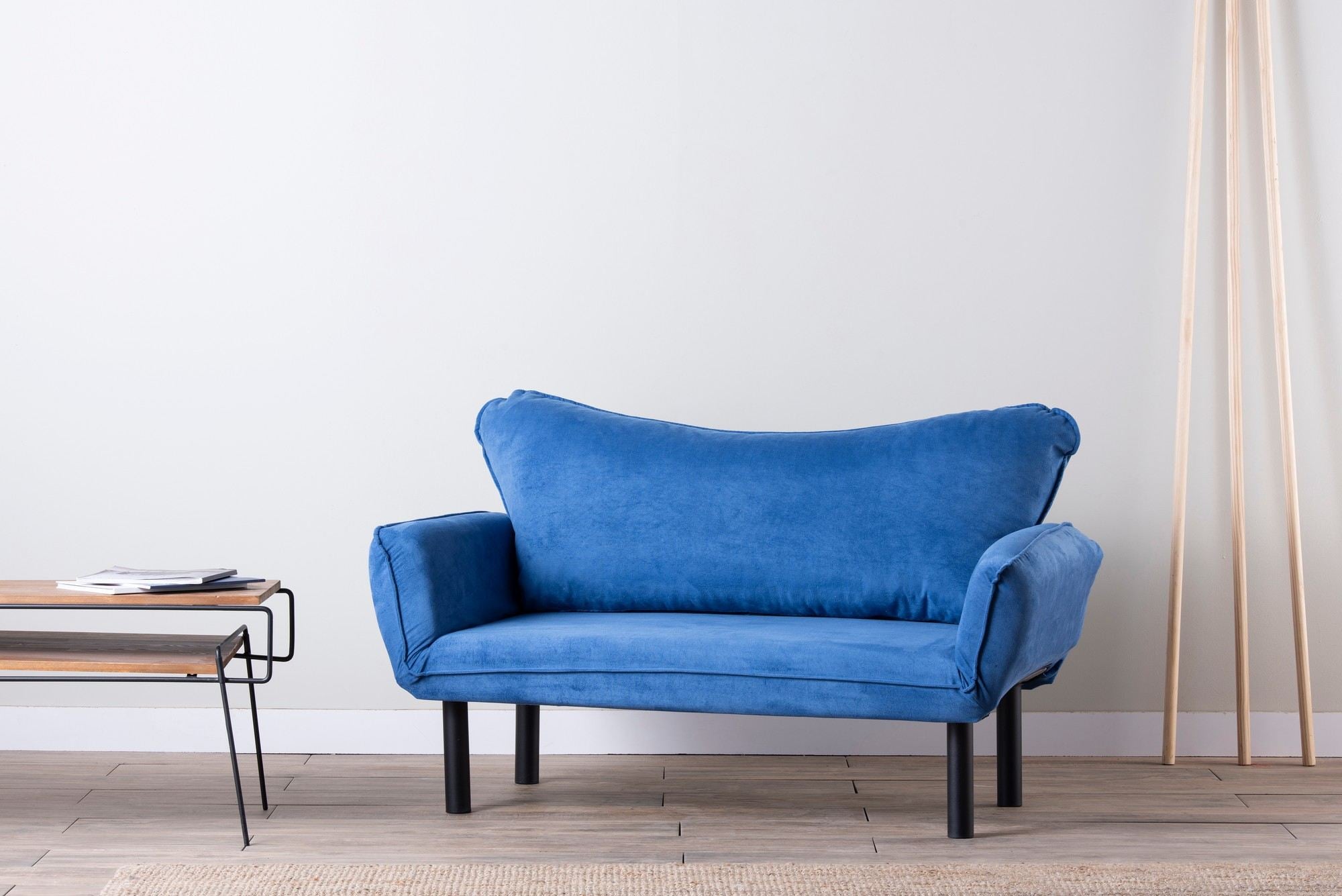 Sofá-cama moderno de 2 lugares, azul, 150 cm | Estrutura 100% metálica, tecido fácil de limpar, braços multiposições, capacidade para 200 kg | Elegante e funcional para casa e hotel