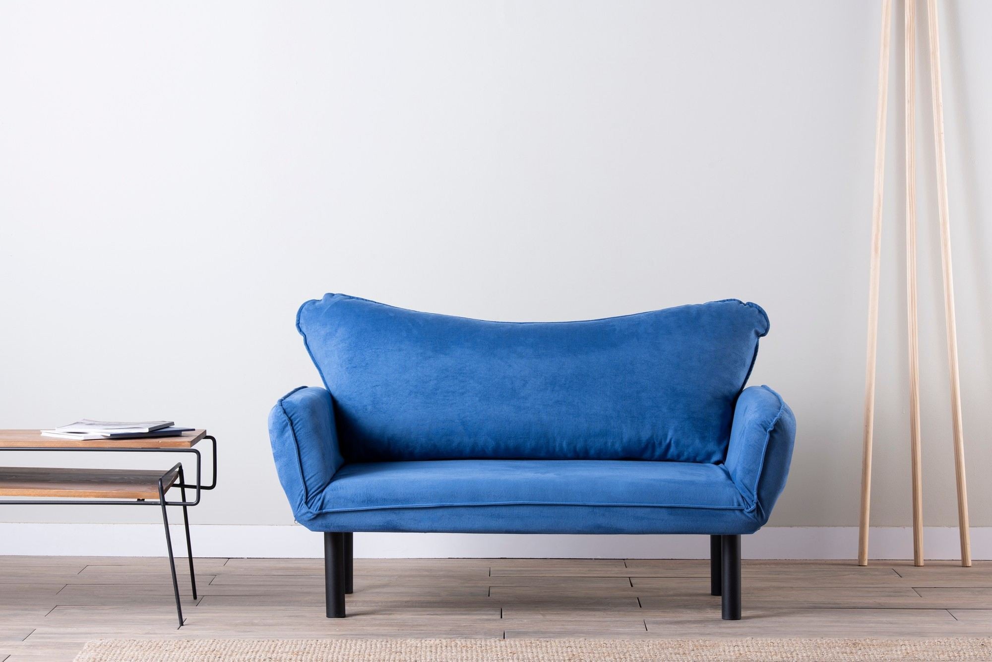 Sofá-cama moderno de 2 lugares, azul, 150 cm | Estrutura 100% metálica, tecido fácil de limpar, braços multiposições, capacidade para 200 kg | Elegante e funcional para casa e hotel