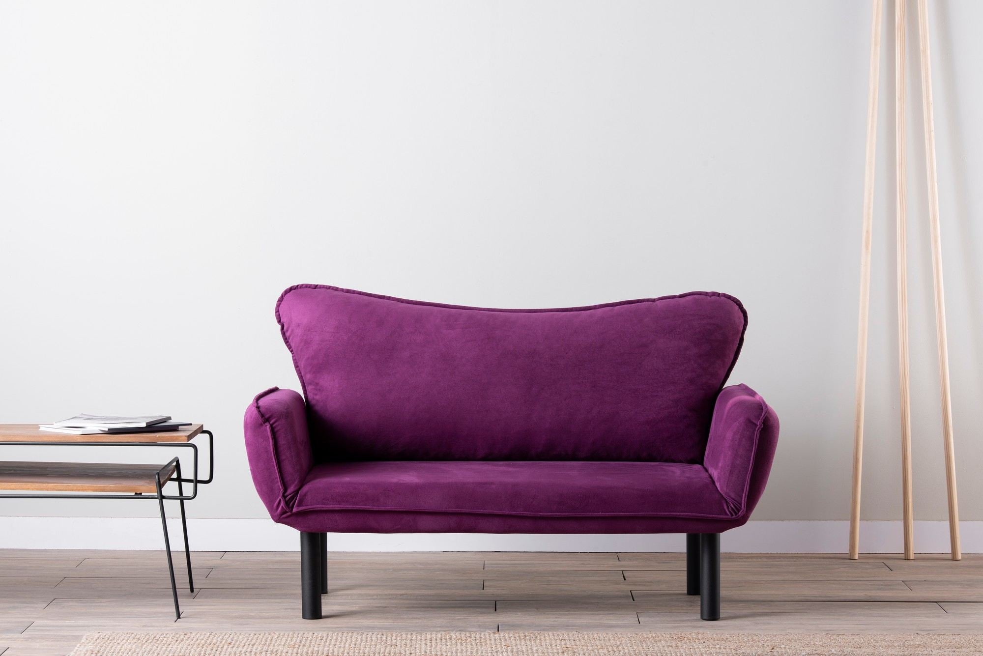 Sofá-cama moderno de 2 lugares, roxo, 150 cm | Estrutura 100% metálica, tecido fácil de limpar, braços multiposições, capacidade de 200 kg | Elegante e funcional para casa e hotel