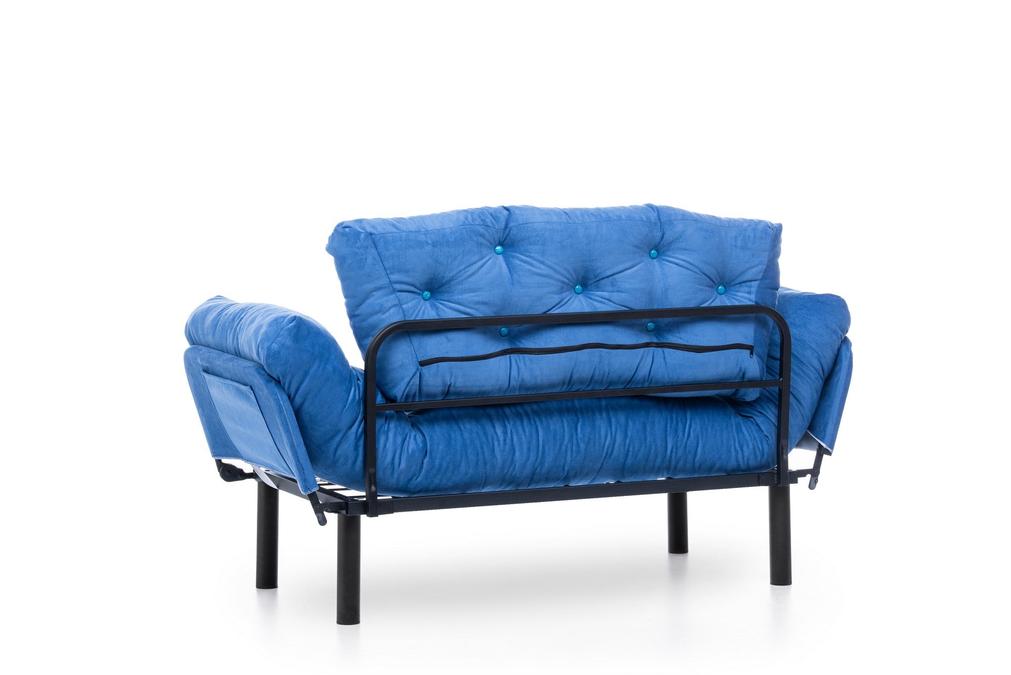 Sofá-cama moderno de 2 lugares, tecido de poliéster azul, 155 cm | Estrutura 100% metálica, braços ajustáveis em 5 níveis, capacidade de 200 kg | Elegante e funcional para qualquer espaço