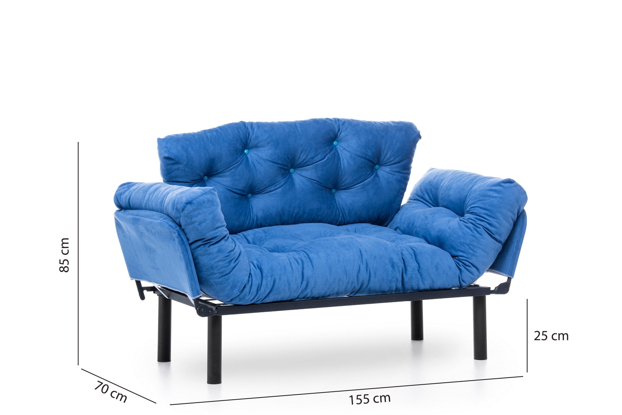 Sofá-cama moderno de 2 lugares, tecido de poliéster azul, 155 cm | Estrutura 100% metálica, braços ajustáveis em 5 níveis, capacidade de 200 kg | Elegante e funcional para qualquer espaço