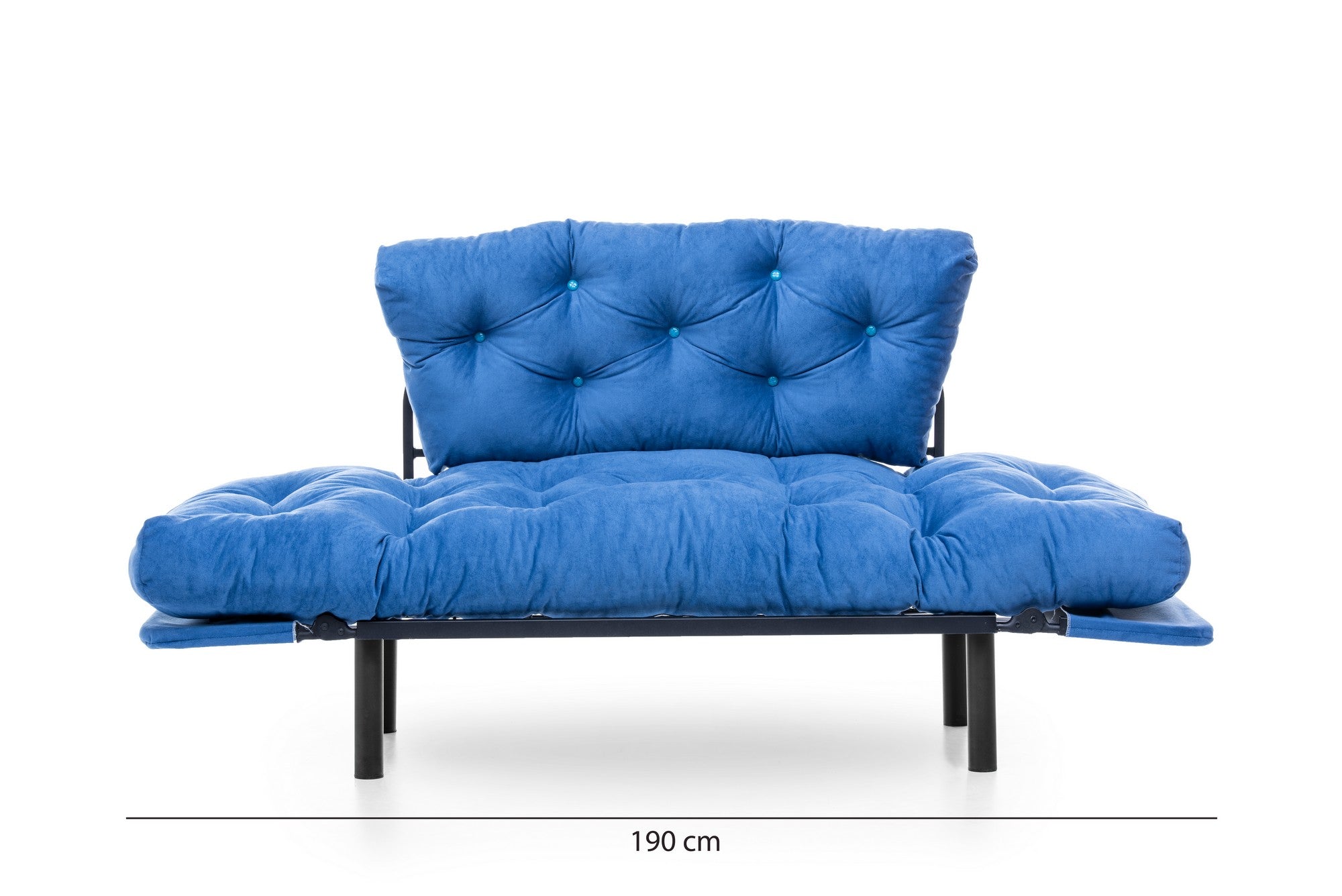 Sofá-cama moderno de 2 lugares, tecido de poliéster azul, 155 cm | Estrutura 100% metálica, braços ajustáveis em 5 níveis, capacidade de 200 kg | Elegante e funcional para qualquer espaço