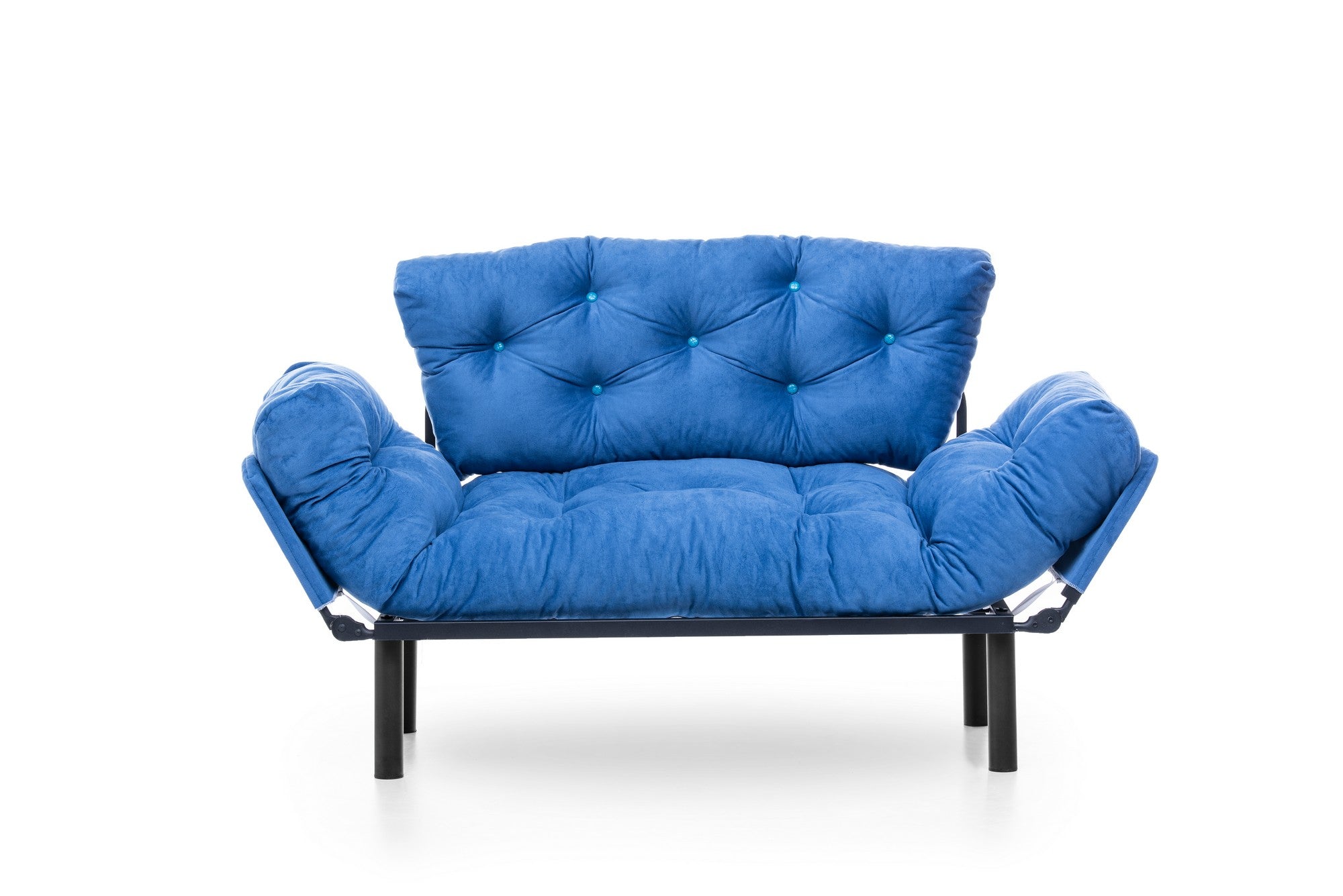 Sofá-cama moderno de 2 lugares, tecido de poliéster azul, 155 cm | Estrutura 100% metálica, braços ajustáveis em 5 níveis, capacidade de 200 kg | Elegante e funcional para qualquer espaço