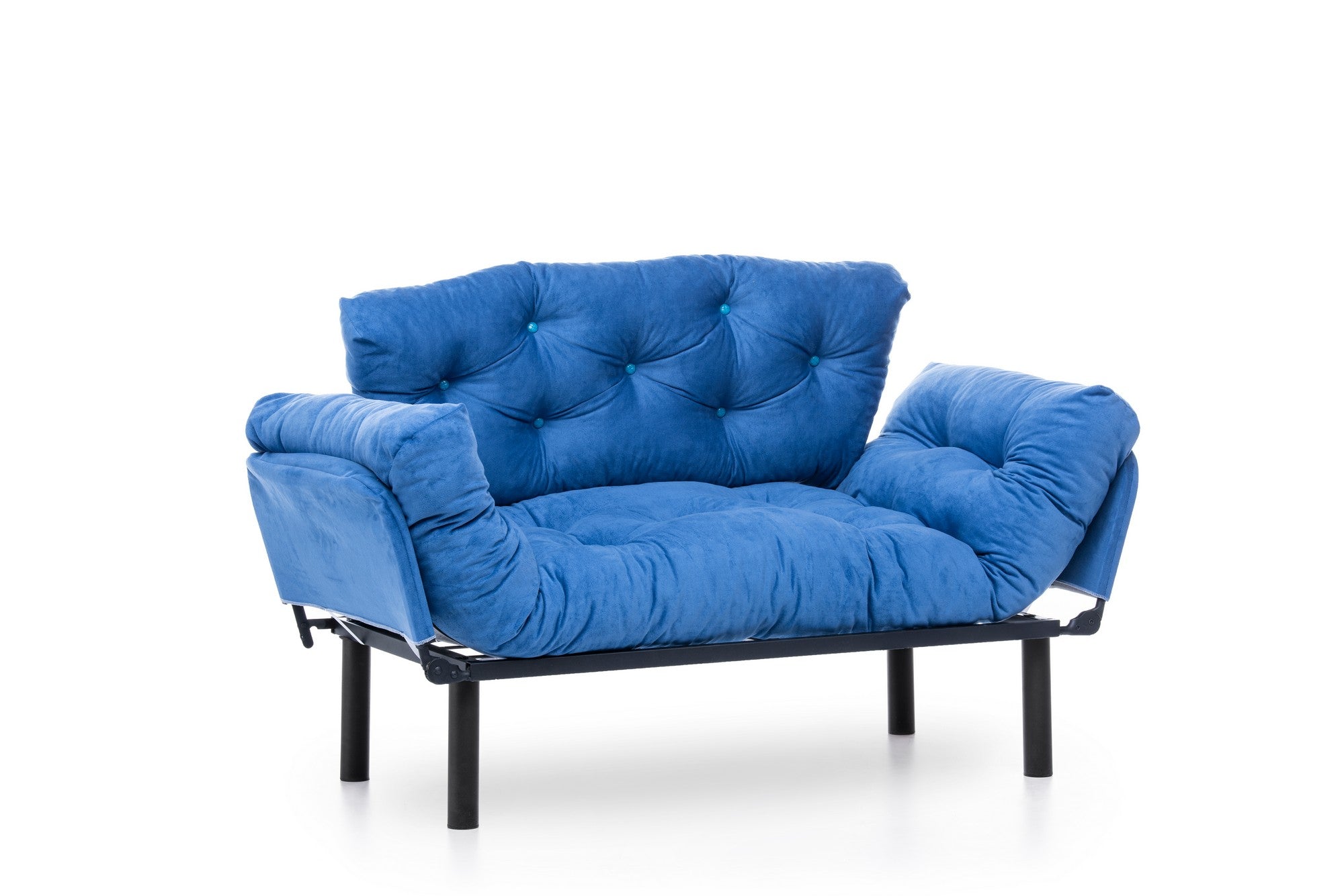 Sofá-cama moderno de 2 lugares, tecido de poliéster azul, 155 cm | Estrutura 100% metálica, braços ajustáveis em 5 níveis, capacidade de 200 kg | Elegante e funcional para qualquer espaço