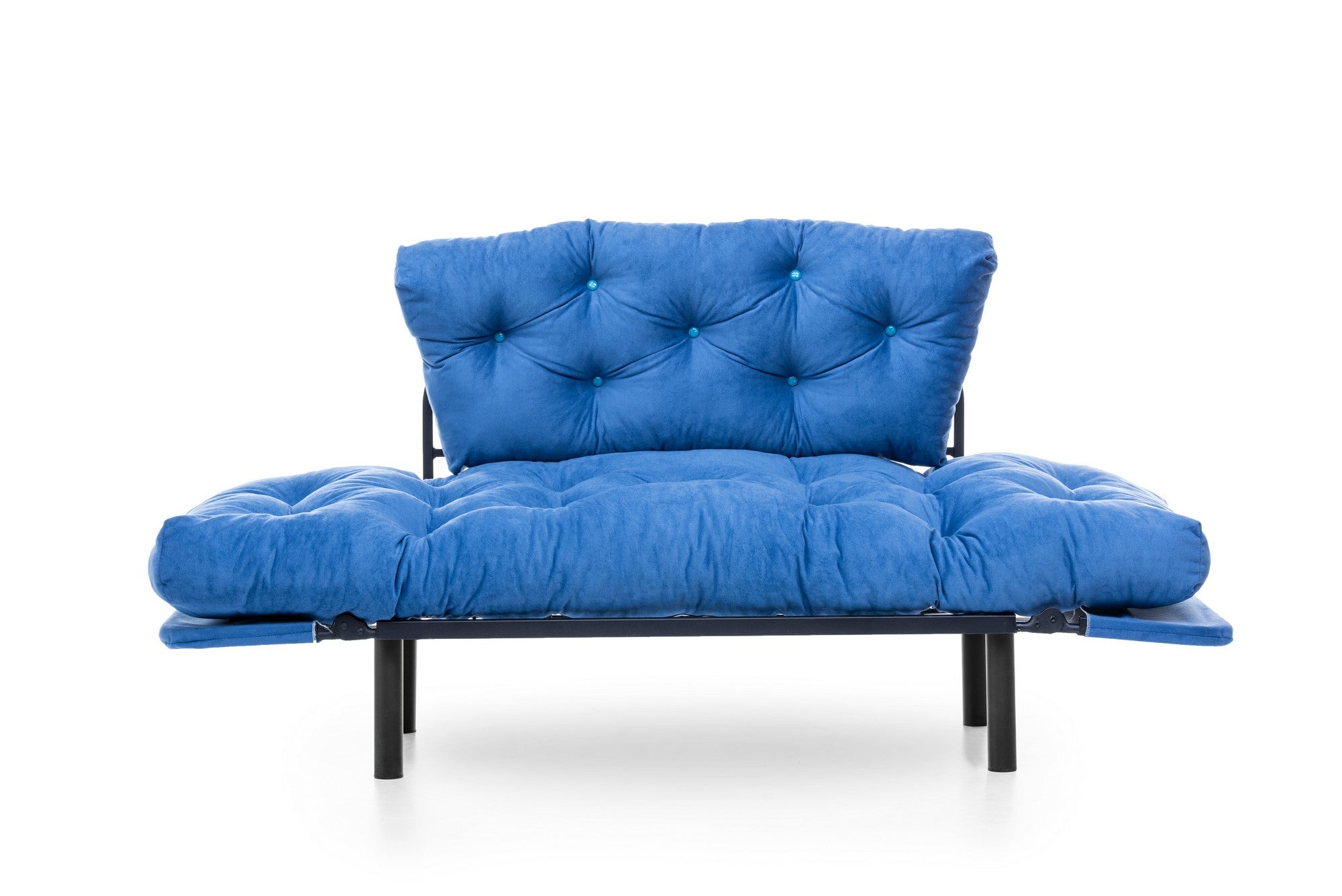 Sofá-cama moderno de 2 lugares, tecido de poliéster azul, 155 cm | Estrutura 100% metálica, braços ajustáveis em 5 níveis, capacidade de 200 kg | Elegante e funcional para qualquer espaço