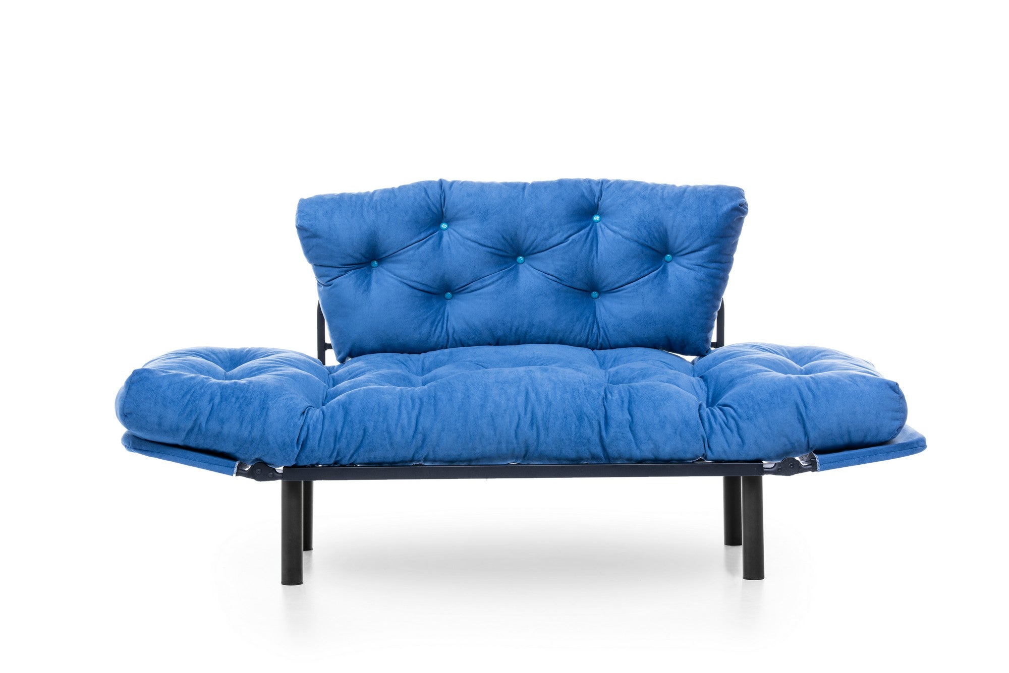 Sofá-cama moderno de 2 lugares, tecido de poliéster azul, 155 cm | Estrutura 100% metálica, braços ajustáveis em 5 níveis, capacidade de 200 kg | Elegante e funcional para qualquer espaço