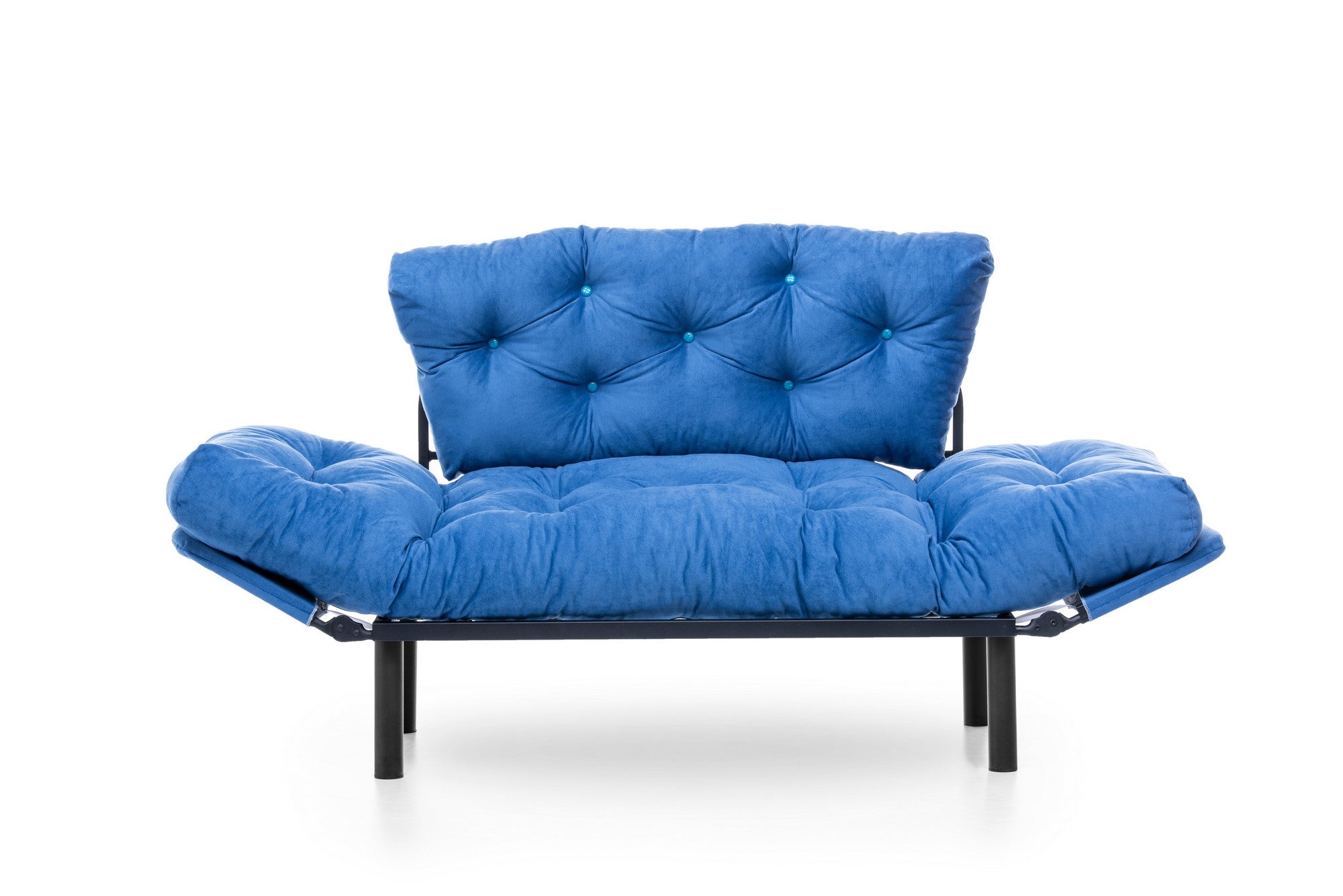 Sofá-cama moderno de 2 lugares, tecido de poliéster azul, 155 cm | Estrutura 100% metálica, braços ajustáveis em 5 níveis, capacidade de 200 kg | Elegante e funcional para qualquer espaço