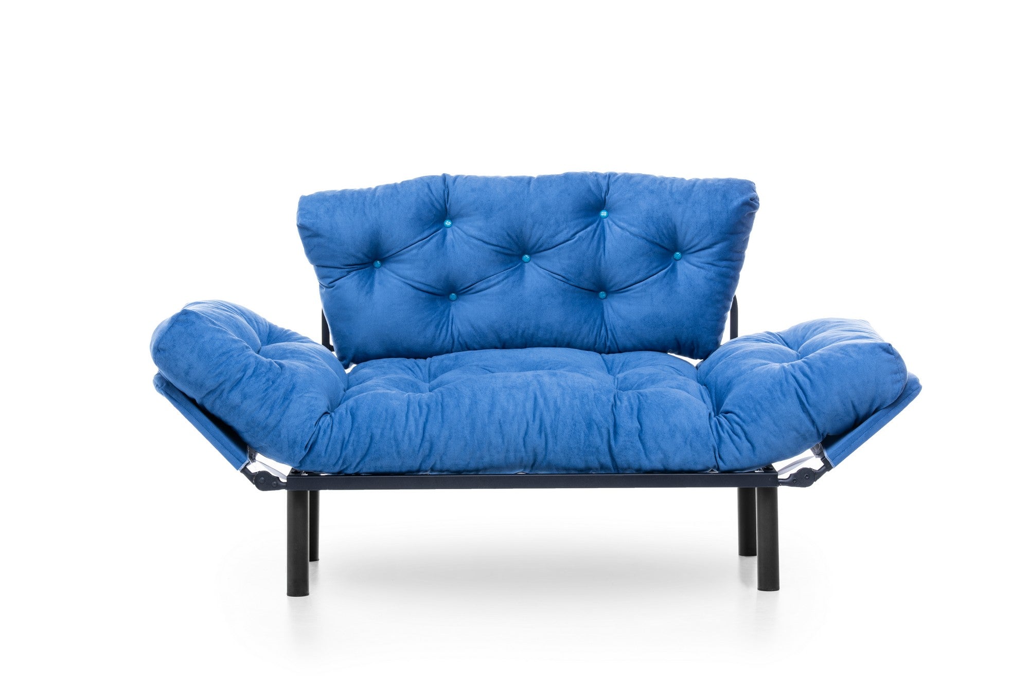 Sofá-cama moderno de 2 lugares, tecido de poliéster azul, 155 cm | Estrutura 100% metálica, braços ajustáveis em 5 níveis, capacidade de 200 kg | Elegante e funcional para qualquer espaço