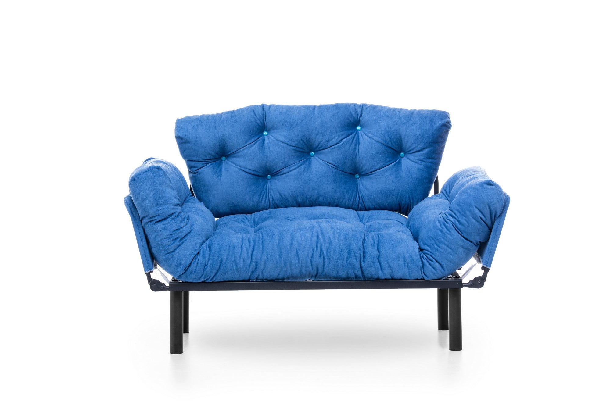 Sofá-cama moderno de 2 lugares, tecido de poliéster azul, 155 cm | Estrutura 100% metálica, braços ajustáveis em 5 níveis, capacidade de 200 kg | Elegante e funcional para qualquer espaço