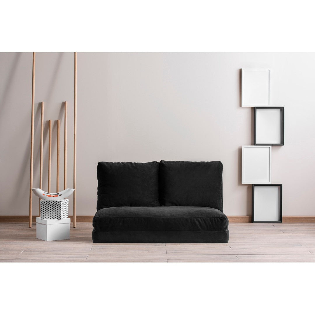 Sofá-cama versátil de 2 lugares, preto | Estrutura 100% metálica, tecido 100% poliéster | Encosto ajustável, fácil conversão, peso máximo de 200 kg | Design escandinavo moderno