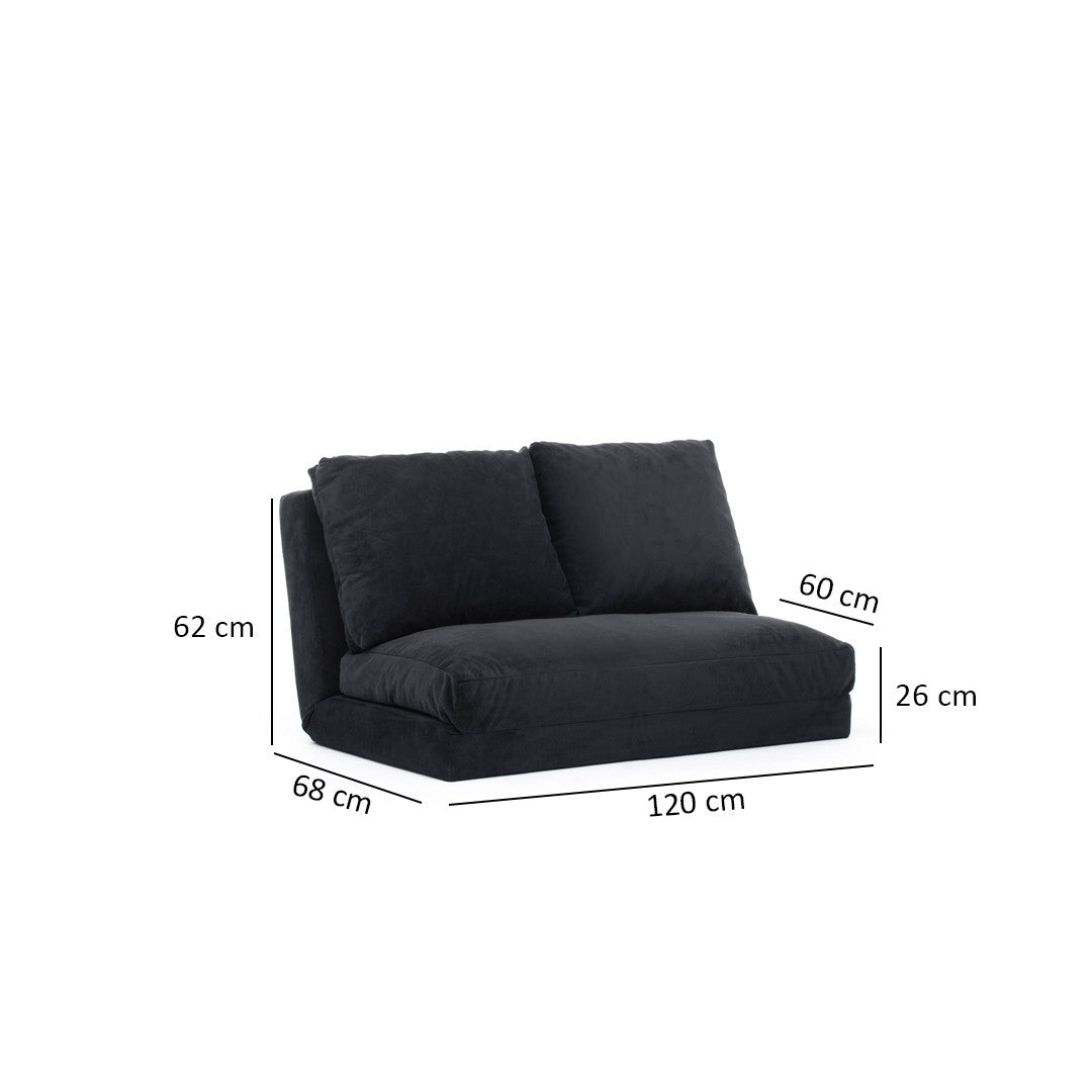 Sofá-cama versátil de 2 lugares, preto | Estrutura 100% metálica, tecido 100% poliéster | Encosto ajustável, fácil conversão, peso máximo de 200 kg | Design escandinavo moderno