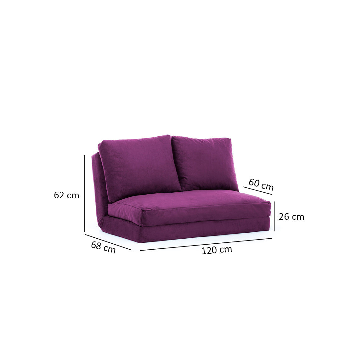 Sofá-cama versátil de 2 lugares, roxo | Estrutura 100% metálica, encosto ajustável em 5 níveis | Fácil conversão de cadeira em cama, design escandinavo moderno