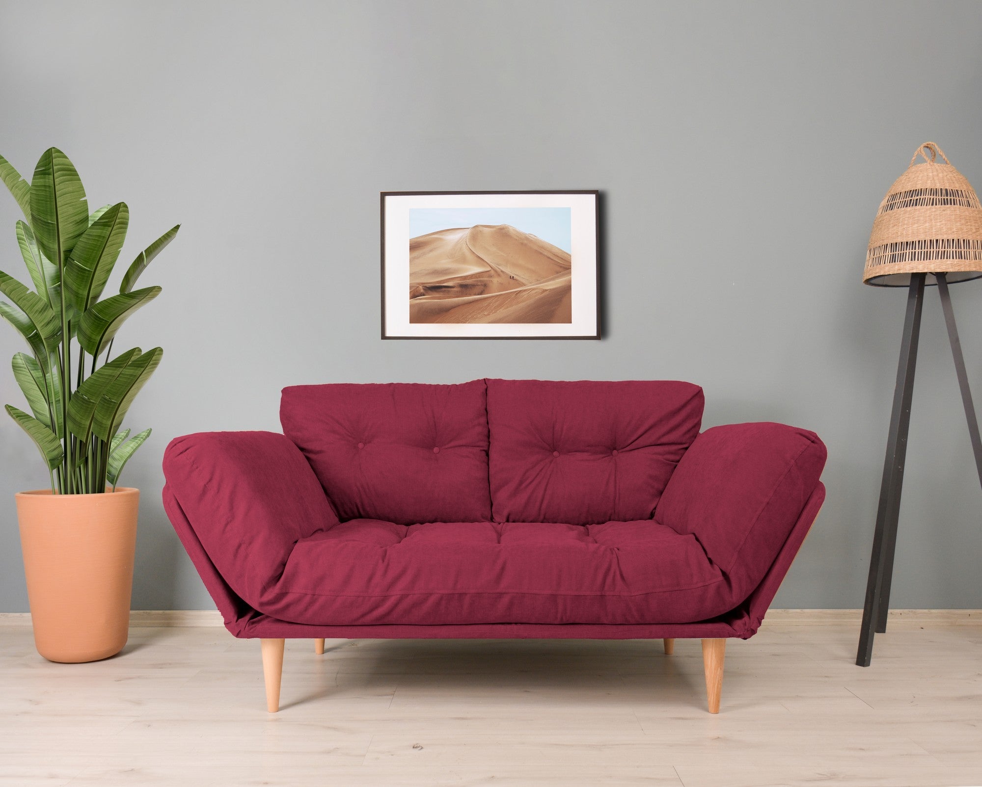 Sofá-cama moderno de 3 lugares, tecido de linho vermelho escuro, estrutura 100% metálica, braços ajustáveis, capacidade de 200 kg, perfeito para salas de estar elegantes e quartos de hóspedes