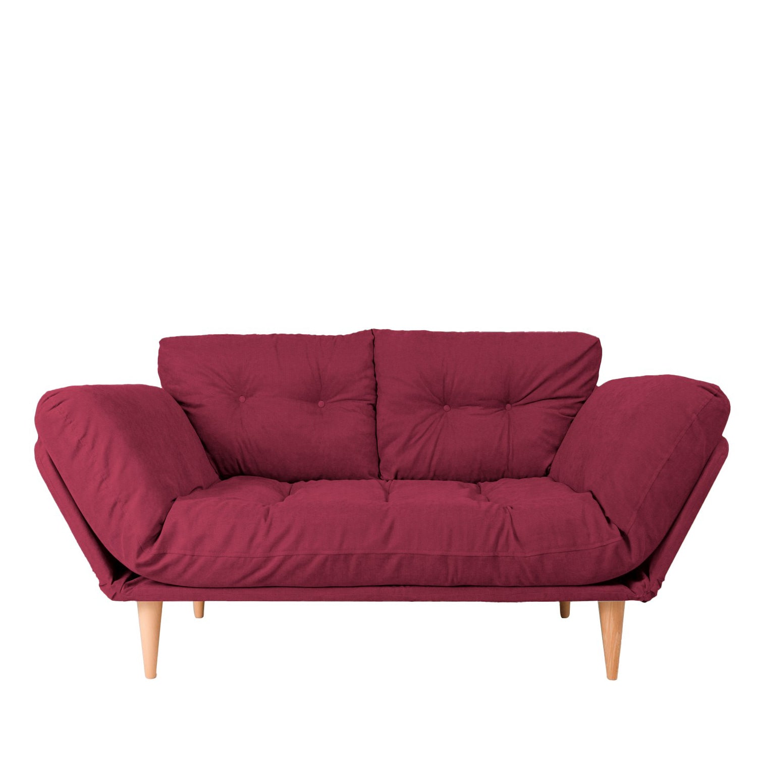 Sofá-cama moderno de 3 lugares, tecido de linho vermelho escuro, estrutura 100% metálica, braços ajustáveis, capacidade de 200 kg, perfeito para salas de estar elegantes e quartos de hóspedes