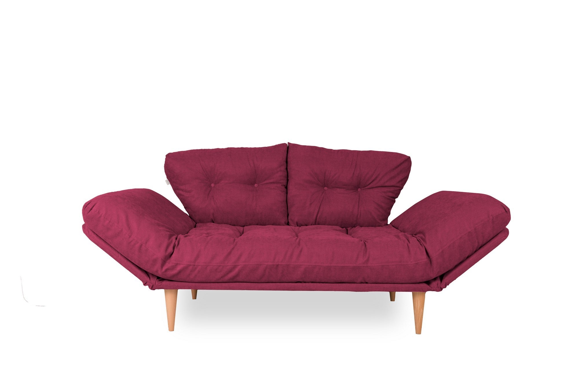 Sofá-cama moderno de 3 lugares, tecido de linho vermelho escuro, estrutura 100% metálica, braços ajustáveis, capacidade de 200 kg, perfeito para salas de estar elegantes e quartos de hóspedes