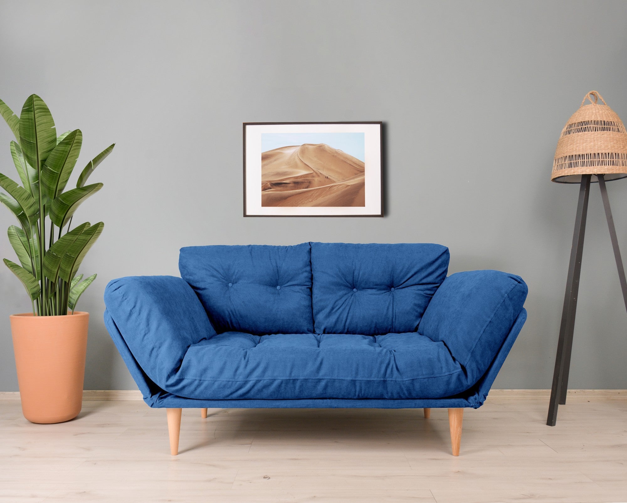 Sofá-cama moderno de 3 lugares, azul Parliament, estrutura 100% metálica, tecido de linho, braços ajustáveis, capacidade de 200 kg, perfeito para espaços de estar elegantes