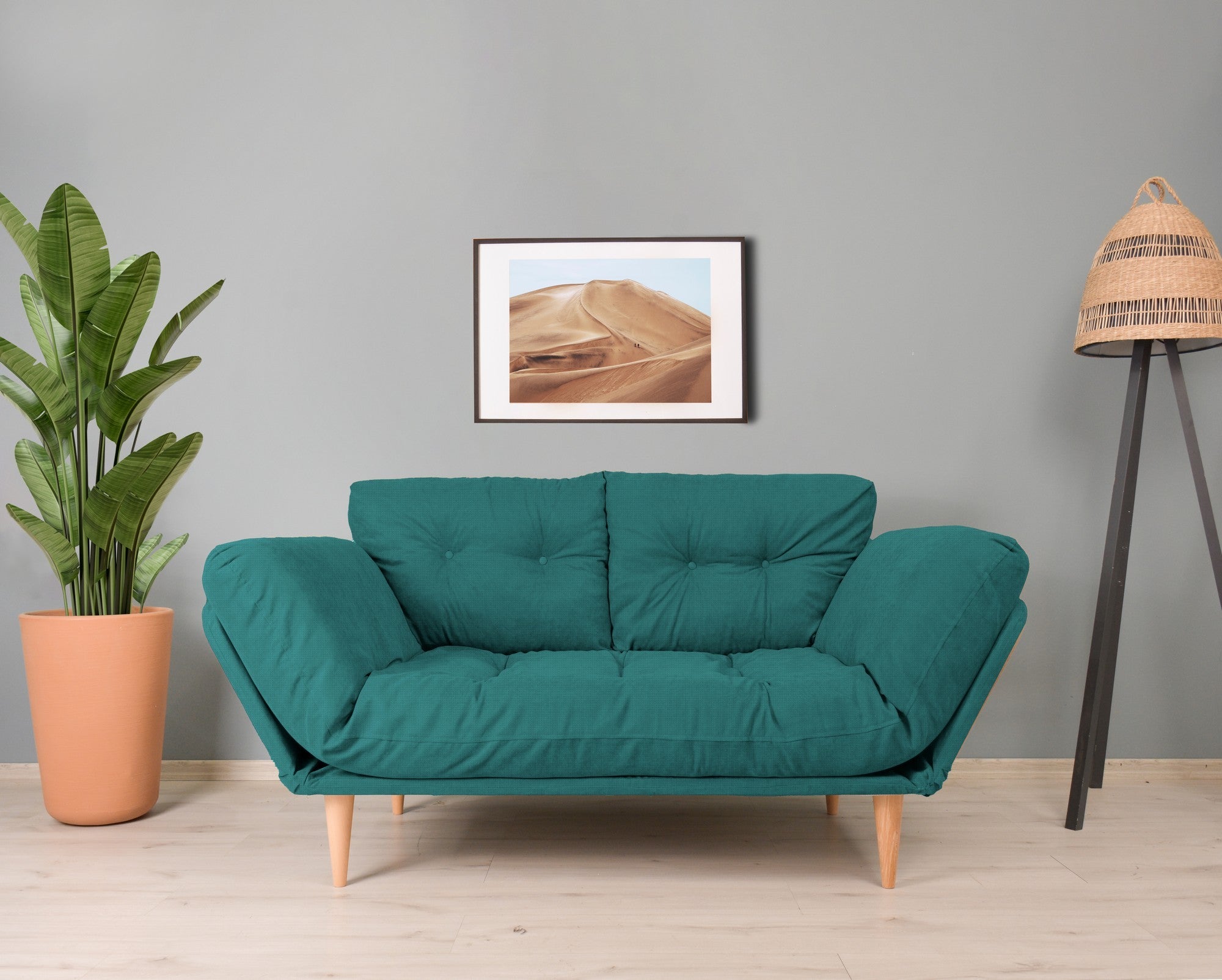Sofá-cama moderno de 3 lugares, verde petróleo, estrutura 100% metálica, tecido de linho, braços ajustáveis, capacidade de 200 kg, perfeito para espaços de estar elegantes