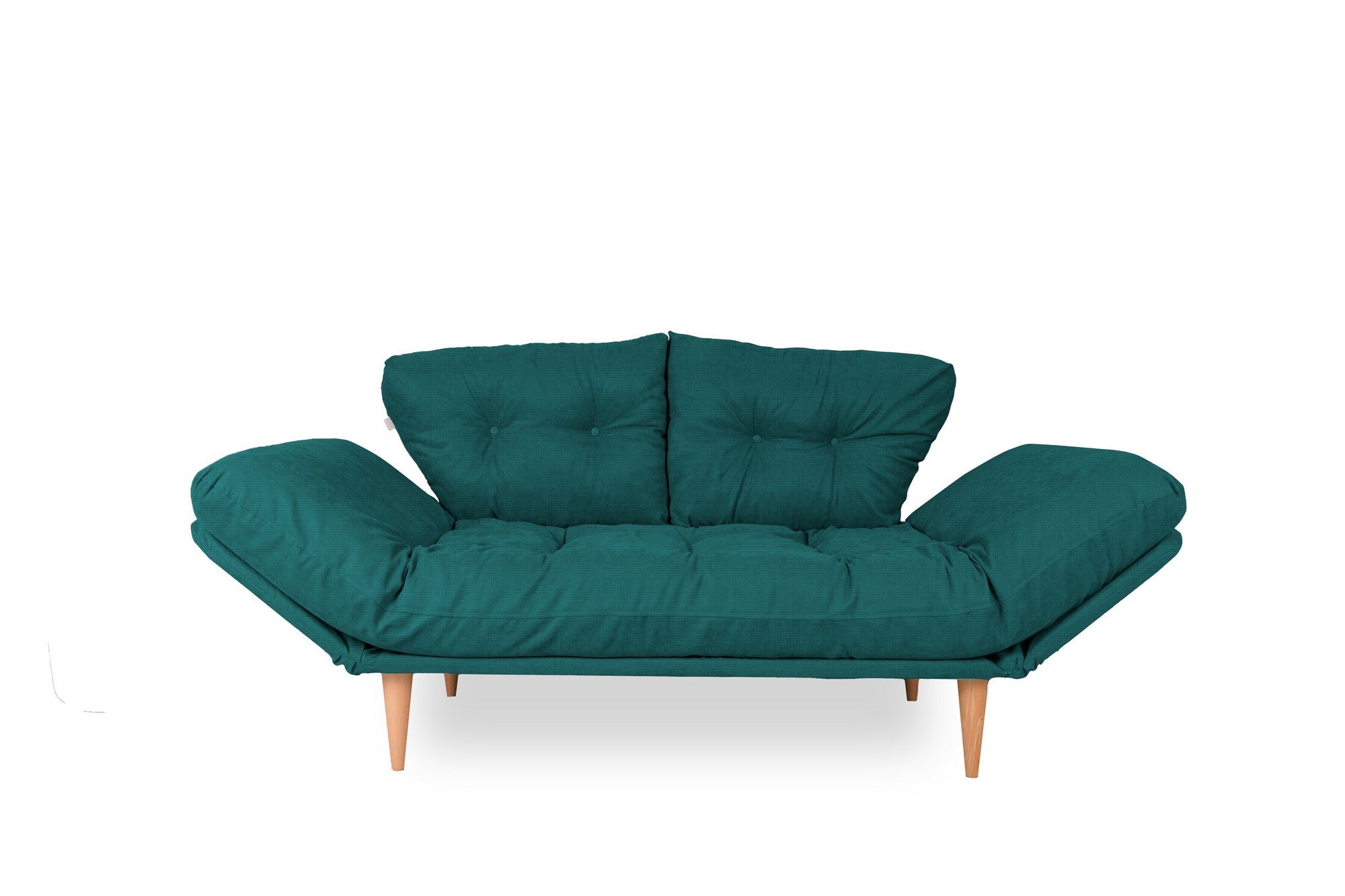 Sofá-cama moderno de 3 lugares, verde petróleo, estrutura 100% metálica, tecido de linho, braços ajustáveis, capacidade de 200 kg, perfeito para espaços de estar elegantes