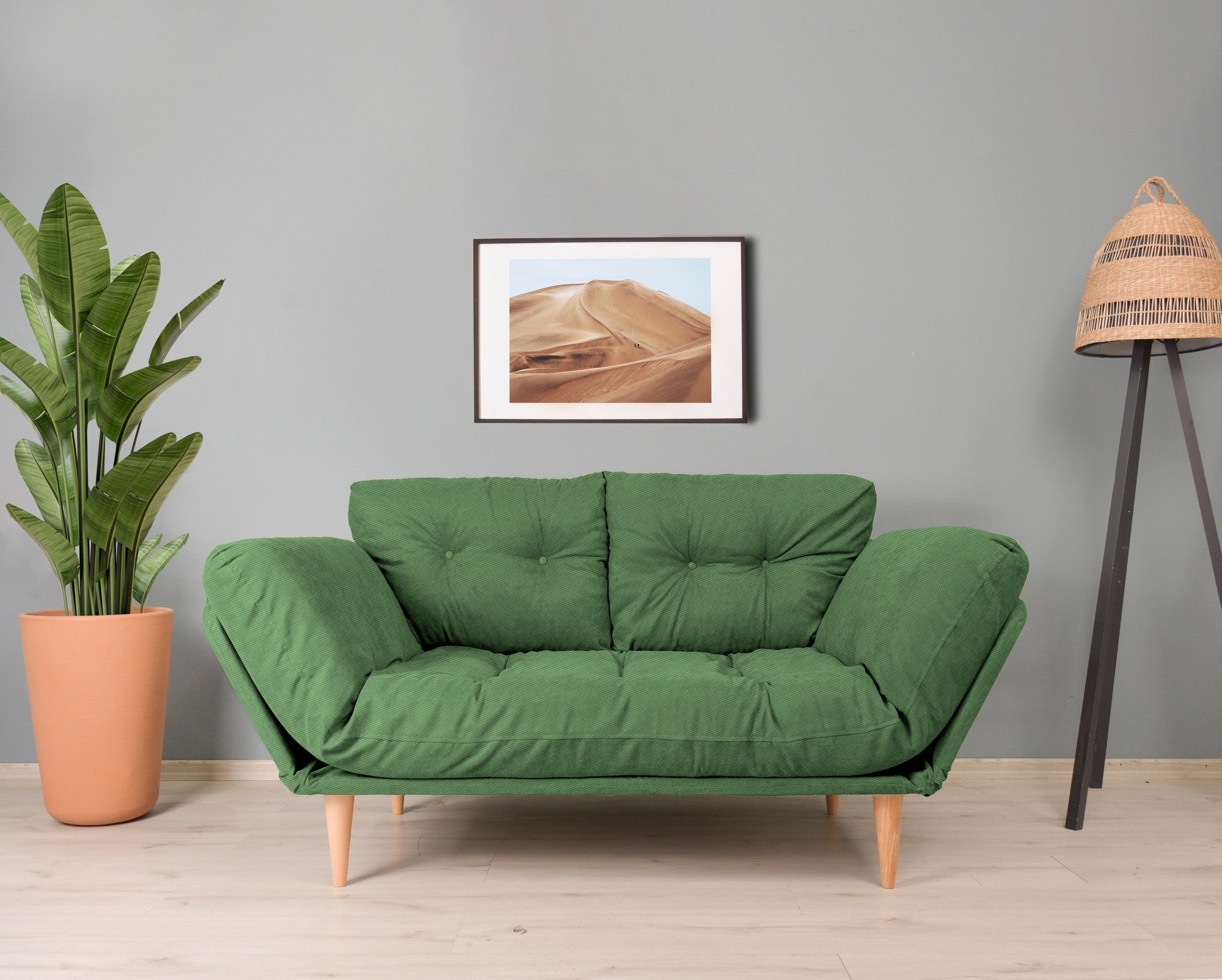 Sofá-cama moderno de 3 lugares, tecido de linho verde, estrutura 100% metálica, braços ajustáveis, molas ensacadas e espuma, capacidade de 200 kg | Perfeito para espaços de convivência elegantes