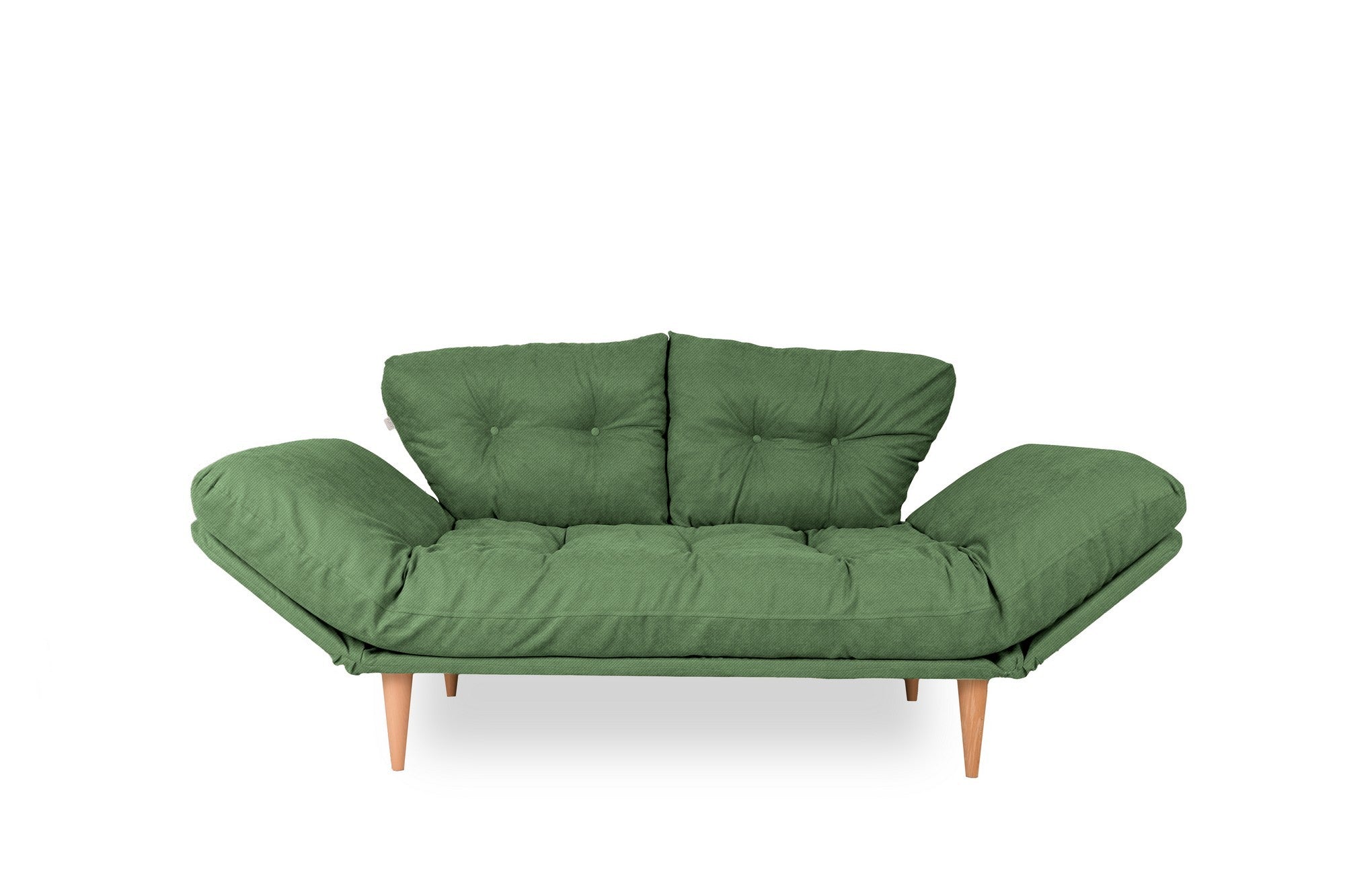 Sofá-cama moderno de 3 lugares, tecido de linho verde, estrutura 100% metálica, braços ajustáveis, molas ensacadas e espuma, capacidade de 200 kg | Perfeito para espaços de convivência elegantes
