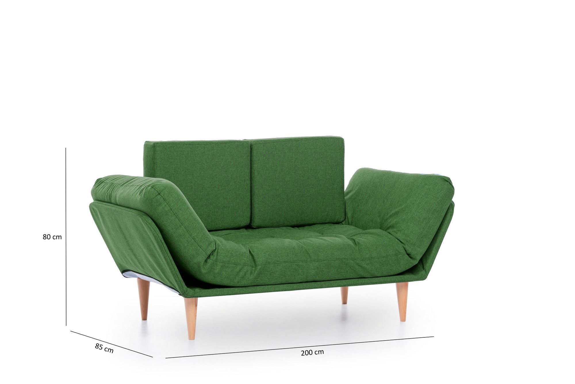 Sofá-cama moderno de 3 lugares, tecido de linho verde, estrutura 100% metálica, braços ajustáveis, molas ensacadas e espuma, capacidade de 200 kg | Perfeito para espaços de convivência elegantes