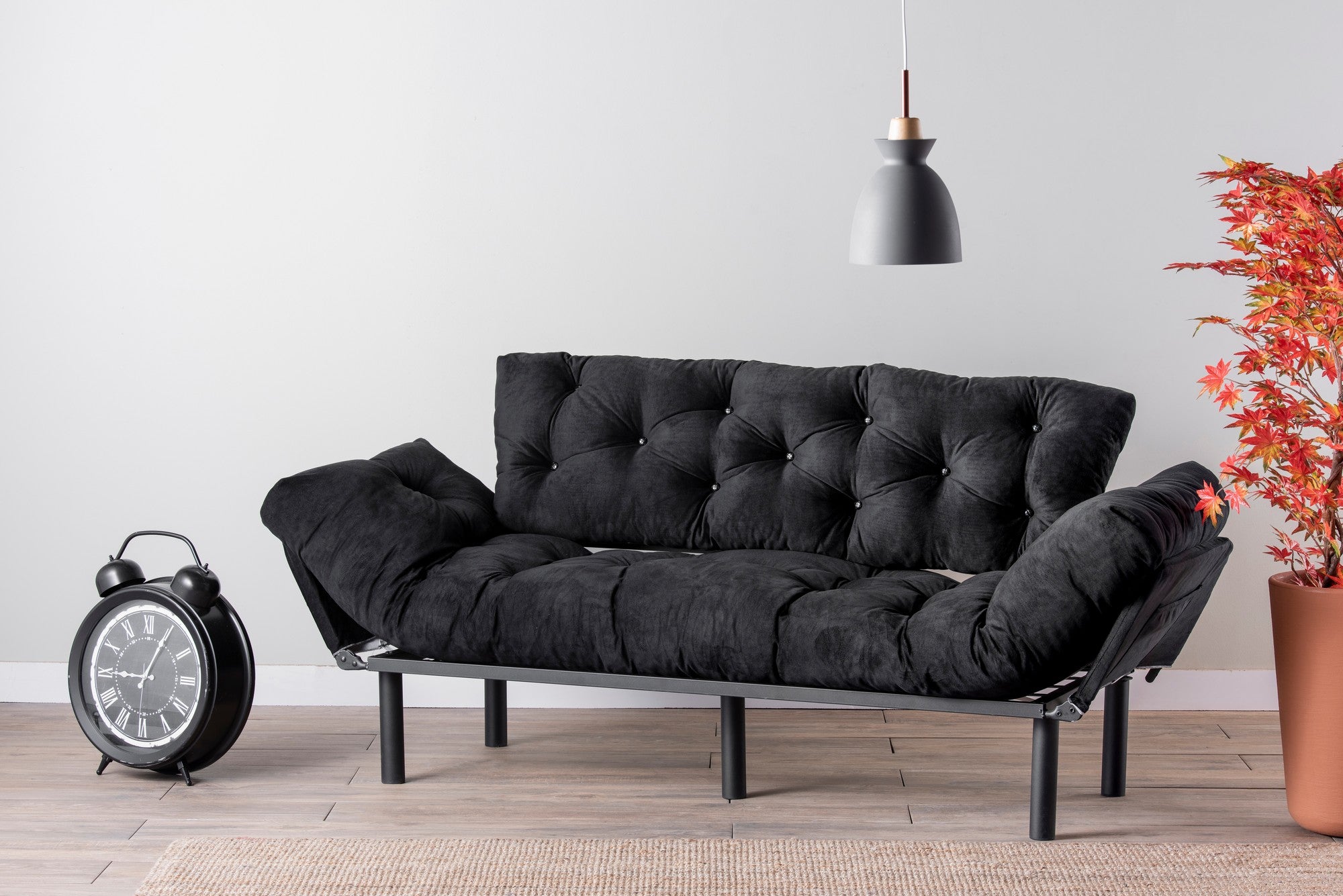 Sofá-cama moderno de 3 lugares, preto, 185 cm | Estrutura 100% metálica, espuma 24 DNS, braços ajustáveis em 5 níveis | Elegante e funcional para casa e escritório