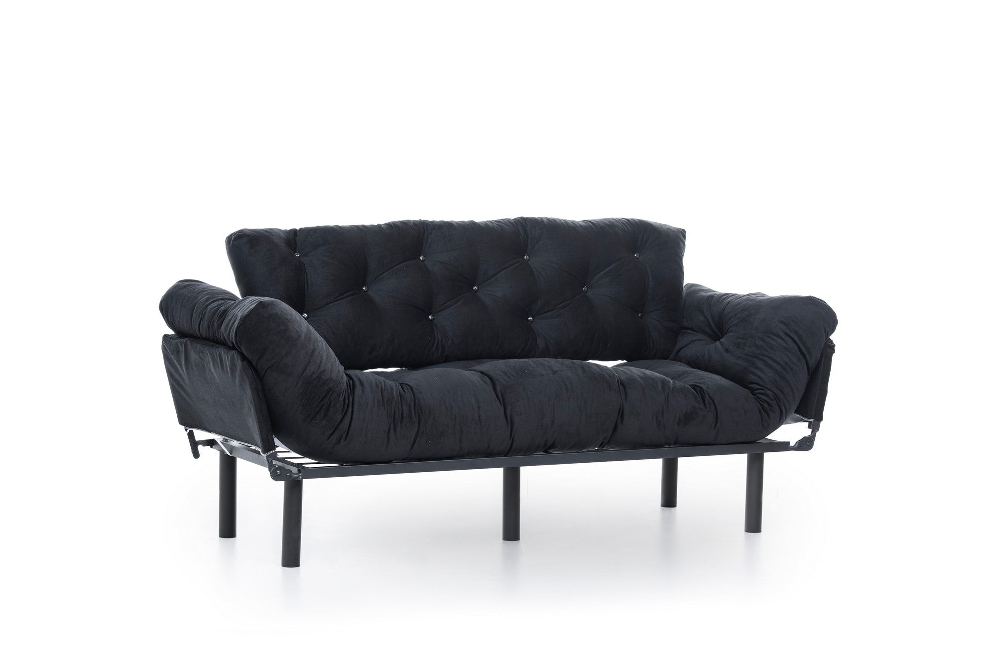Sofá-cama moderno de 3 lugares, preto, 185 cm | Estrutura 100% metálica, espuma 24 DNS, braços ajustáveis em 5 níveis | Elegante e funcional para casa e escritório