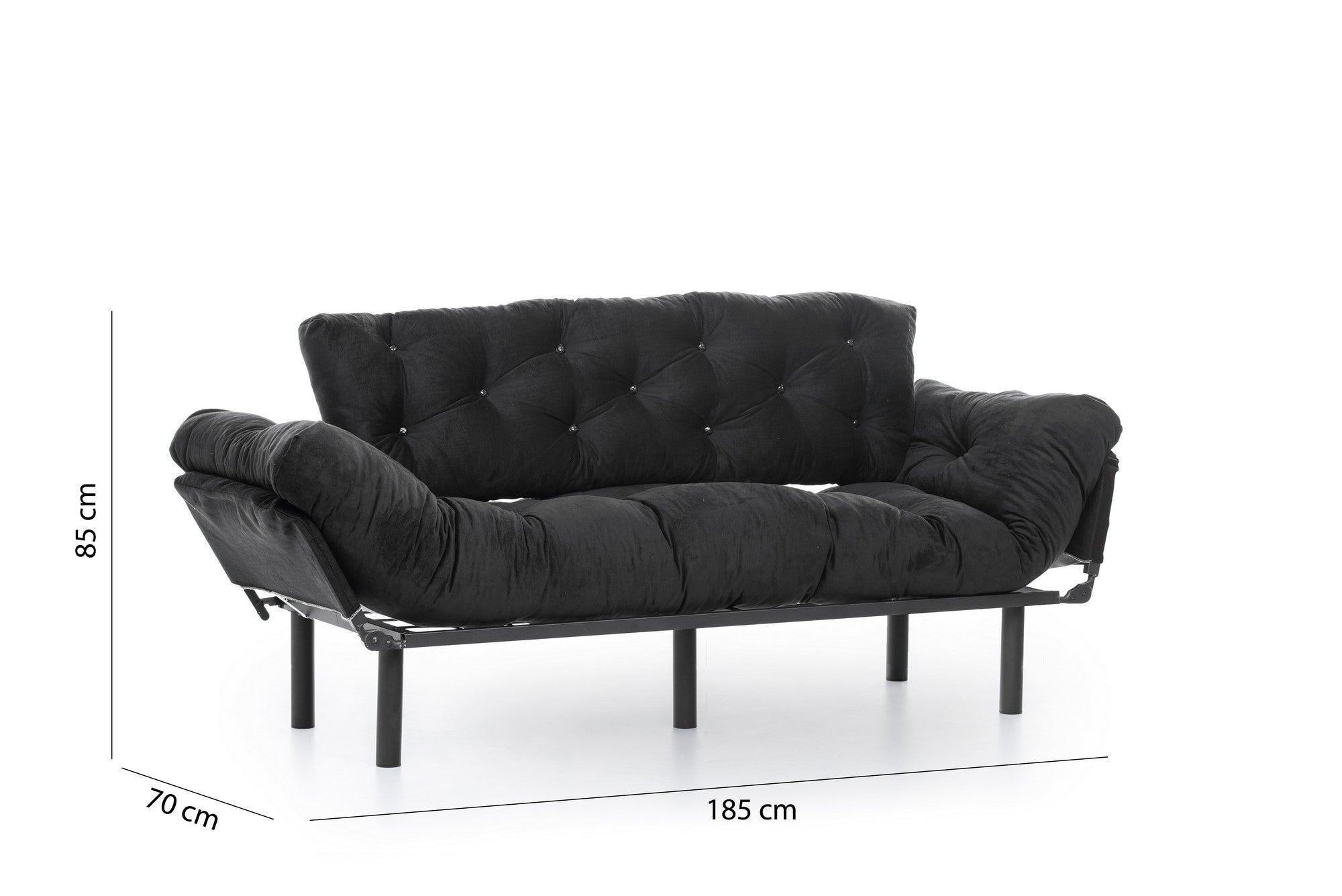 Sofá-cama moderno de 3 lugares, preto, 185 cm | Estrutura 100% metálica, espuma 24 DNS, braços ajustáveis em 5 níveis | Elegante e funcional para casa e escritório