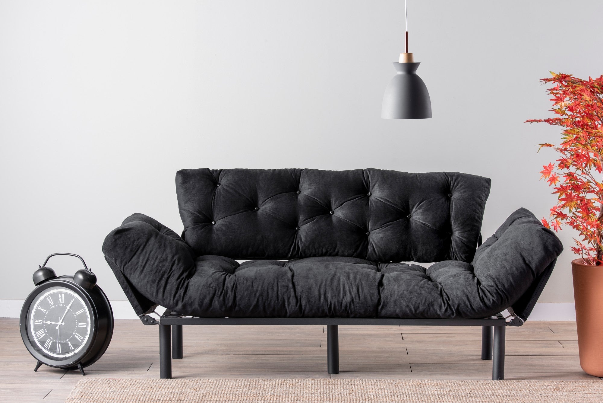 Sofá-cama moderno de 3 lugares, preto, 185 cm | Estrutura 100% metálica, espuma 24 DNS, braços ajustáveis em 5 níveis | Elegante e funcional para casa e escritório