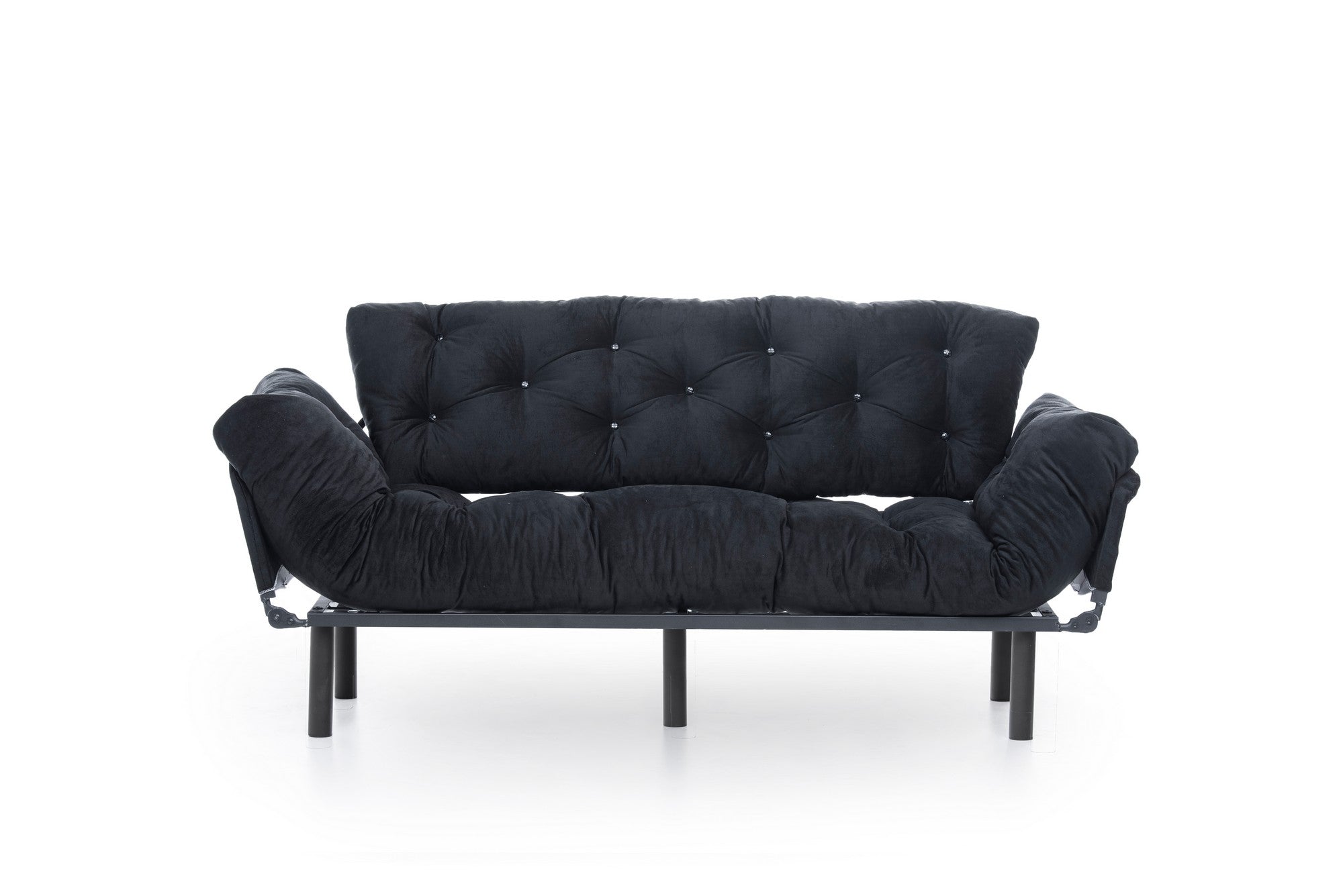 Sofá-cama moderno de 3 lugares, preto, 185 cm | Estrutura 100% metálica, espuma 24 DNS, braços ajustáveis em 5 níveis | Elegante e funcional para casa e escritório