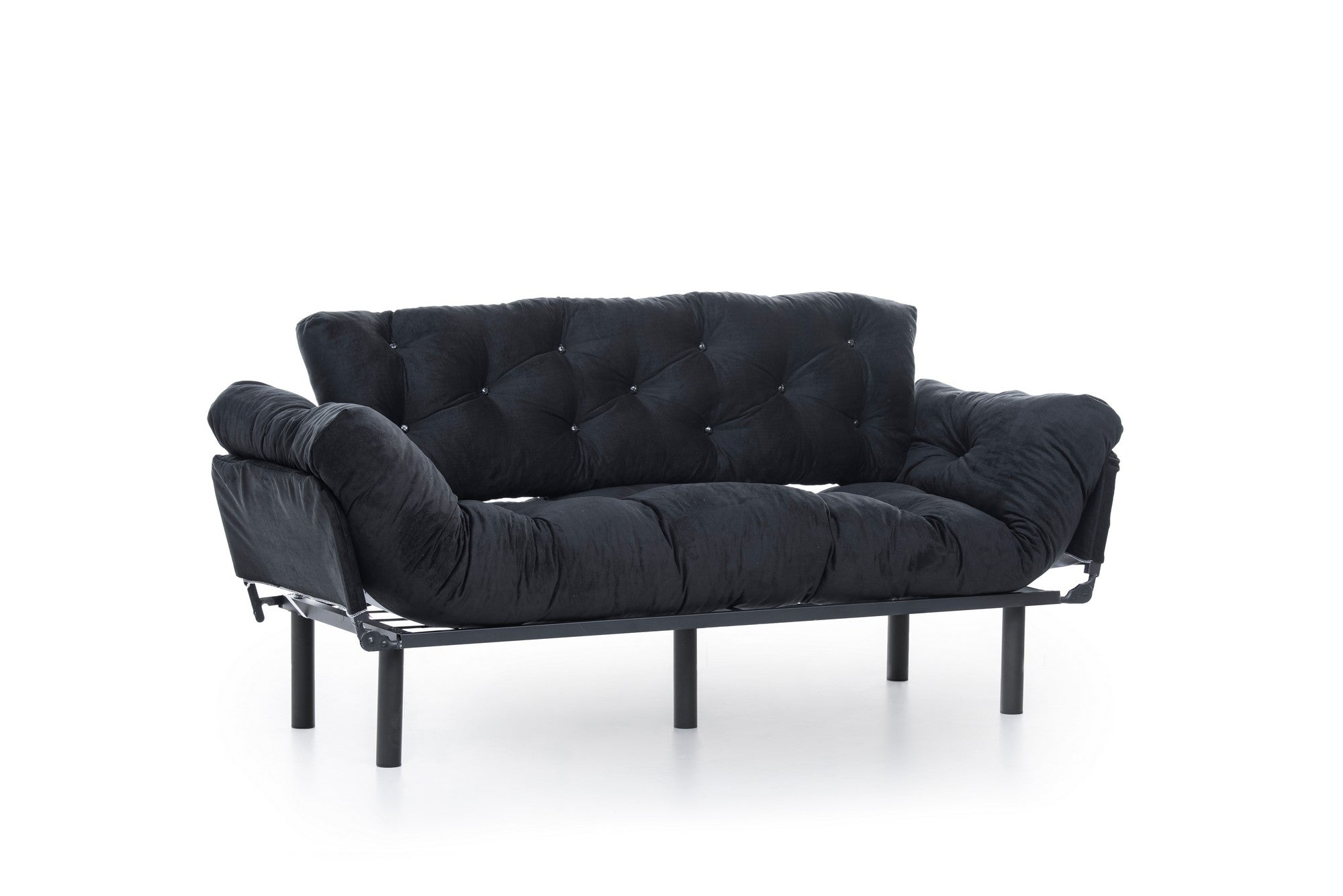 Sofá-cama moderno de 3 lugares, preto, 185 cm | Estrutura 100% metálica, espuma 24 DNS, braços ajustáveis em 5 níveis | Elegante e funcional para casa e escritório