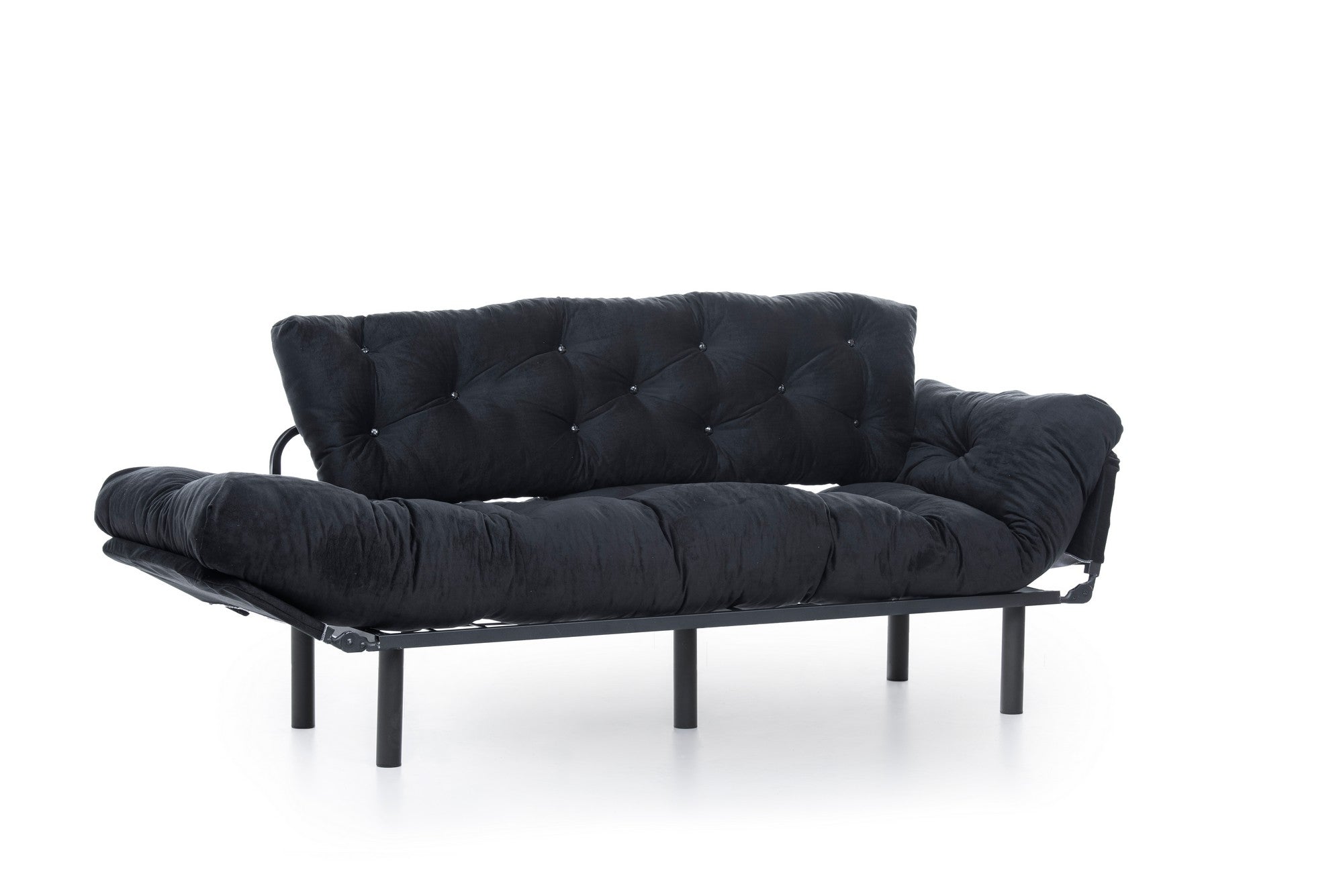 Sofá-cama moderno de 3 lugares, preto, 185 cm | Estrutura 100% metálica, espuma 24 DNS, braços ajustáveis em 5 níveis | Elegante e funcional para casa e escritório