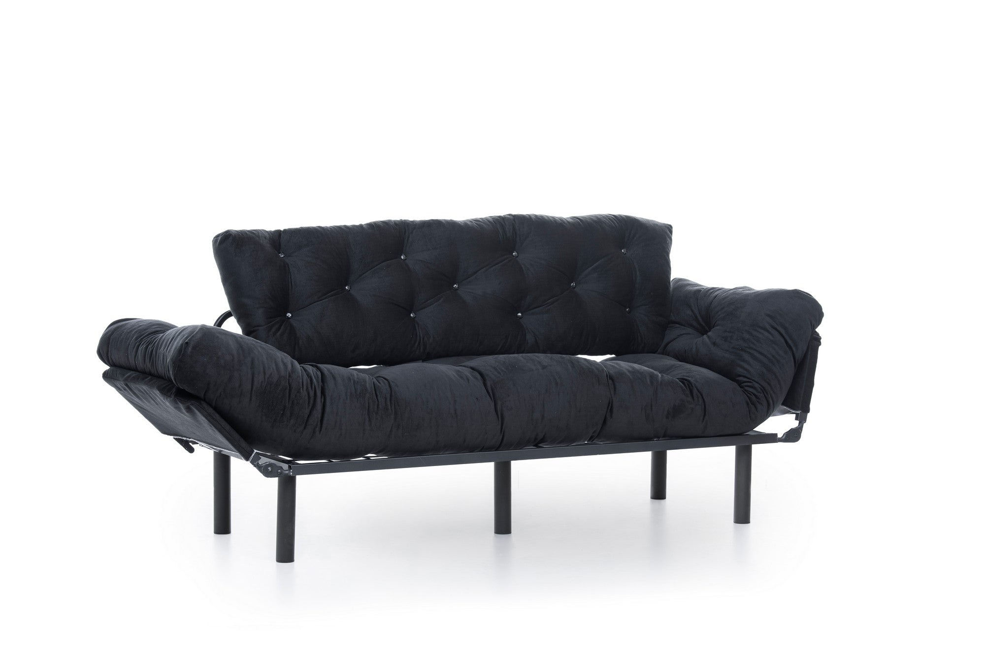 Sofá-cama moderno de 3 lugares, preto, 185 cm | Estrutura 100% metálica, espuma 24 DNS, braços ajustáveis em 5 níveis | Elegante e funcional para casa e escritório