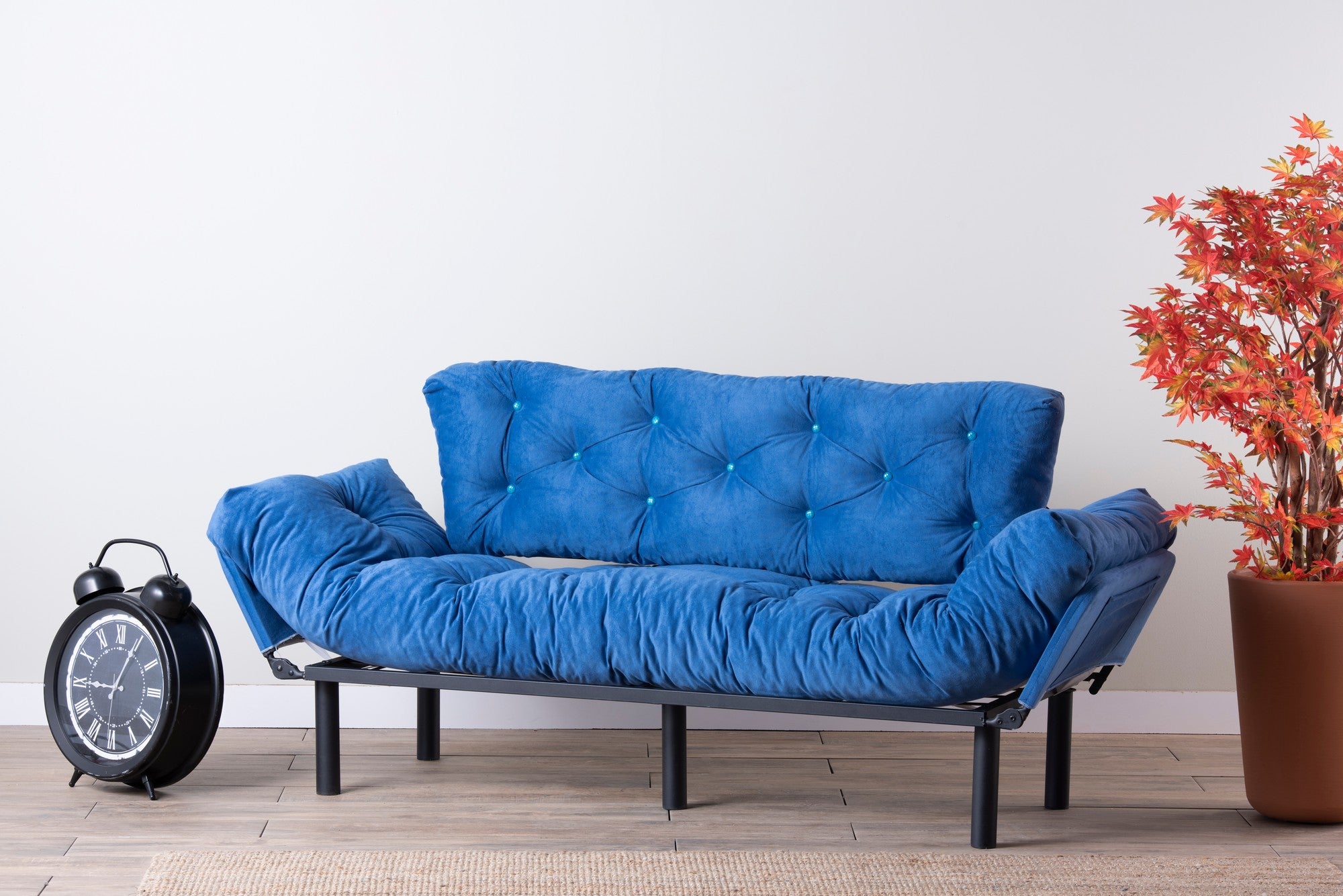 Sofá-cama moderno de 3 lugares, tecido de poliéster azul, 185 cm | Estrutura 100% metálica, braços ajustáveis em 5 níveis, capacidade de 300 kg | Design elegante e funcional