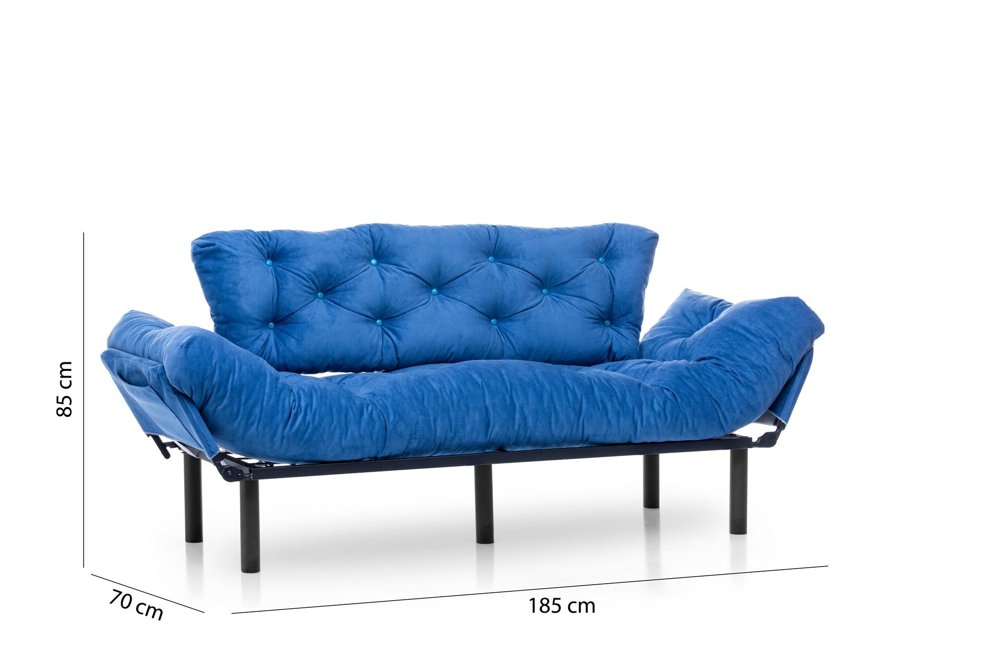 Sofá-cama moderno de 3 lugares, tecido de poliéster azul, 185 cm | Estrutura 100% metálica, braços ajustáveis em 5 níveis, capacidade de 300 kg | Design elegante e funcional