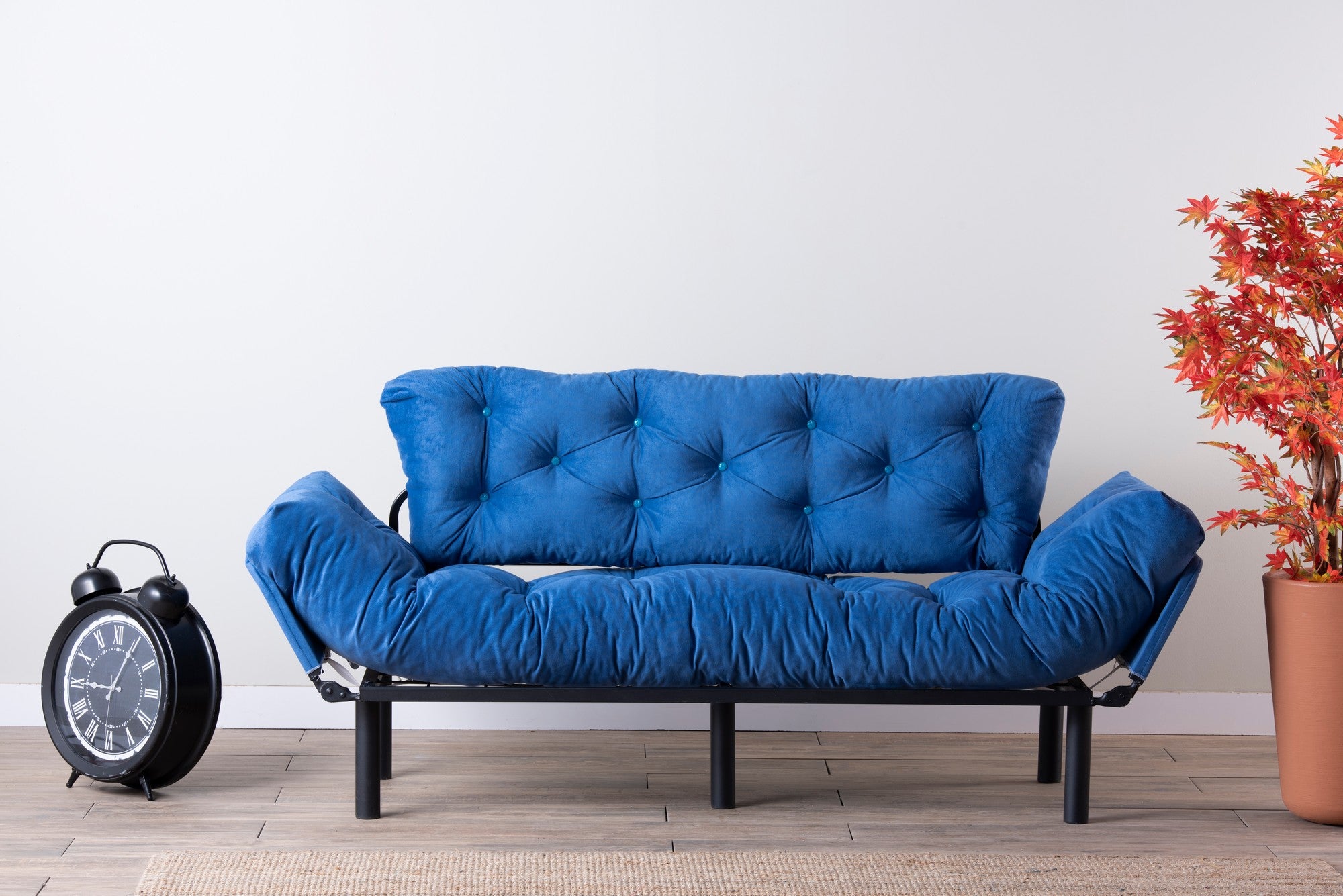 Sofá-cama moderno de 3 lugares, tecido de poliéster azul, 185 cm | Estrutura 100% metálica, braços ajustáveis em 5 níveis, capacidade de 300 kg | Design elegante e funcional
