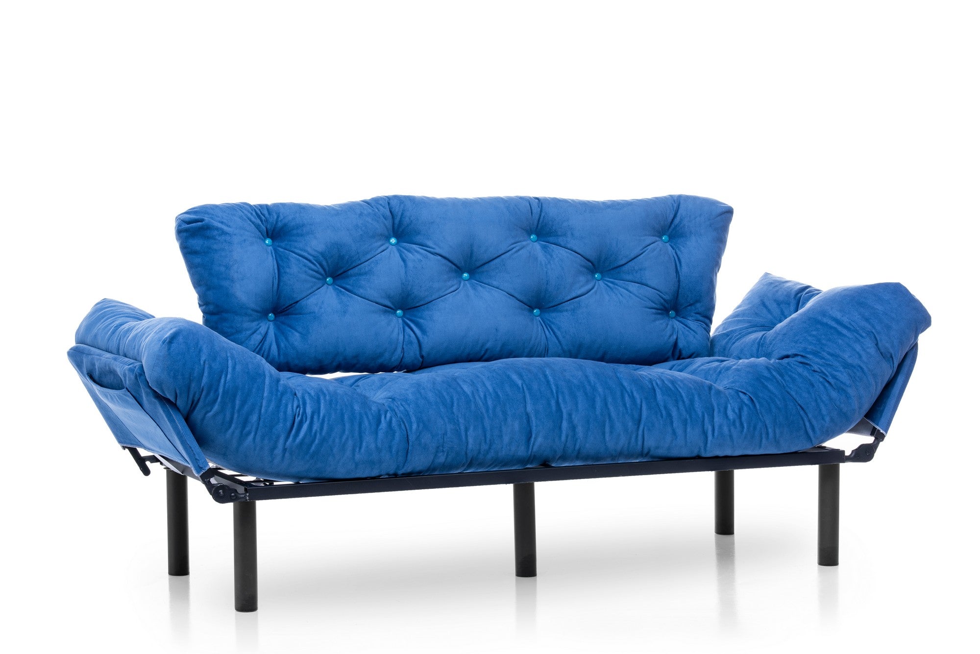 Sofá-cama moderno de 3 lugares, tecido de poliéster azul, 185 cm | Estrutura 100% metálica, braços ajustáveis em 5 níveis, capacidade de 300 kg | Design elegante e funcional