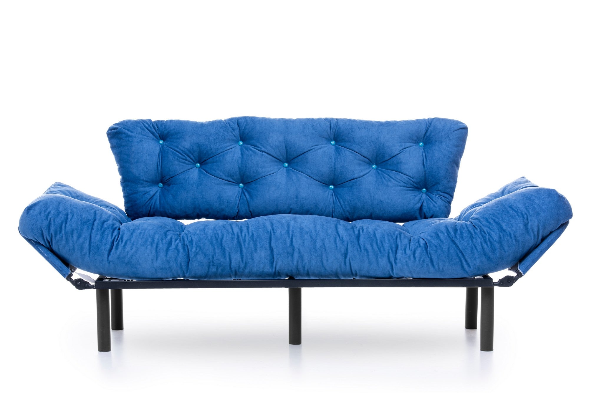 Sofá-cama moderno de 3 lugares, tecido de poliéster azul, 185 cm | Estrutura 100% metálica, braços ajustáveis em 5 níveis, capacidade de 300 kg | Design elegante e funcional