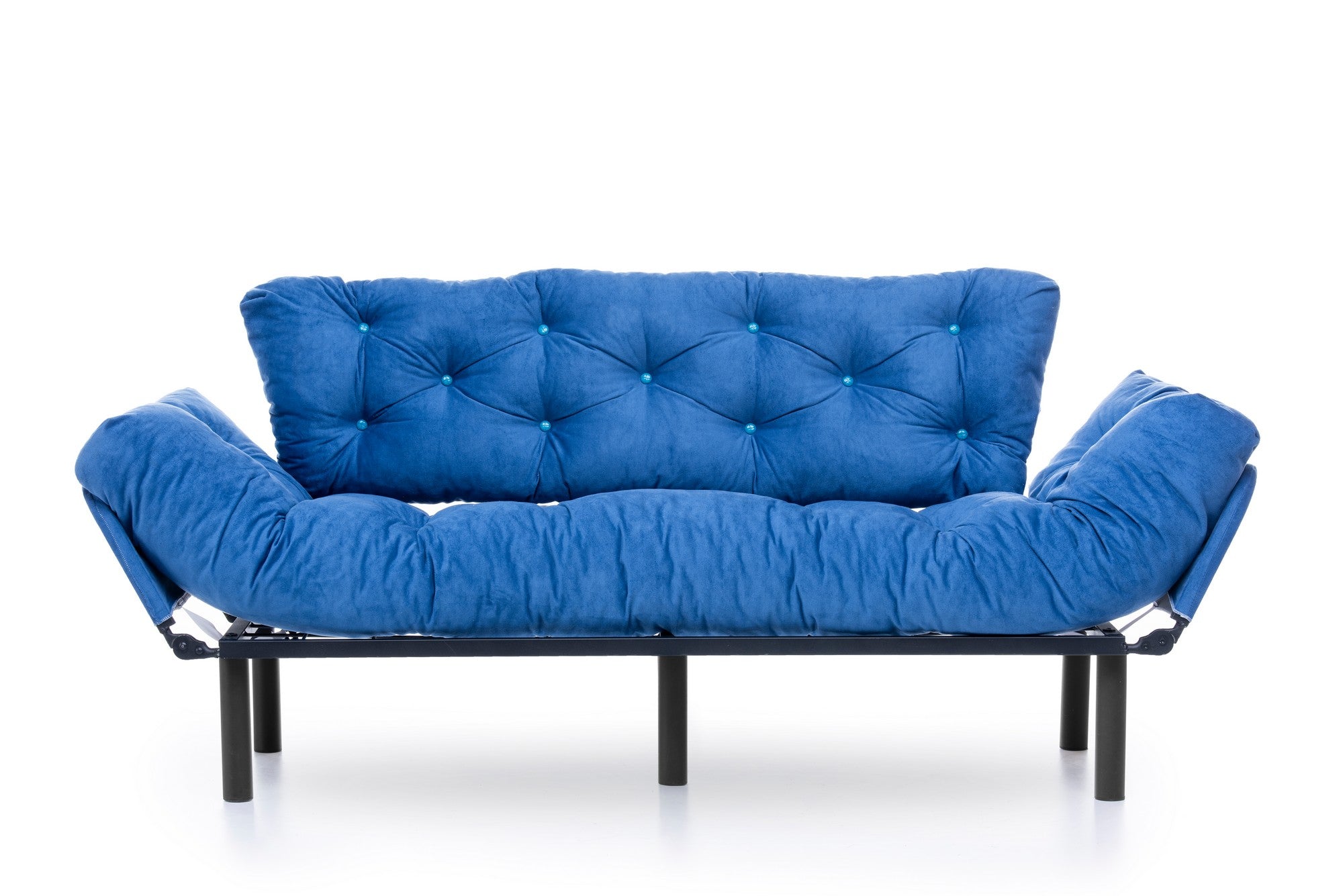 Sofá-cama moderno de 3 lugares, tecido de poliéster azul, 185 cm | Estrutura 100% metálica, braços ajustáveis em 5 níveis, capacidade de 300 kg | Design elegante e funcional