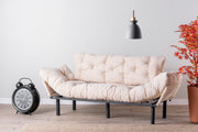 Sofá-cama moderno de 3 lugares, tecido de poliéster creme, estrutura 100% metálica, 185 cm | Braços ajustáveis em 5 níveis, capacidade para 300 kg, design elegante e funcional