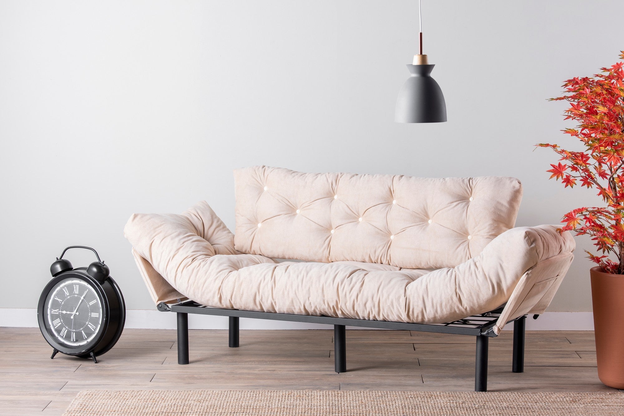 Sofá-cama moderno de 3 lugares, tecido de poliéster creme, estrutura 100% metálica, 185 cm | Braços ajustáveis em 5 níveis, capacidade para 300 kg, design elegante e funcional