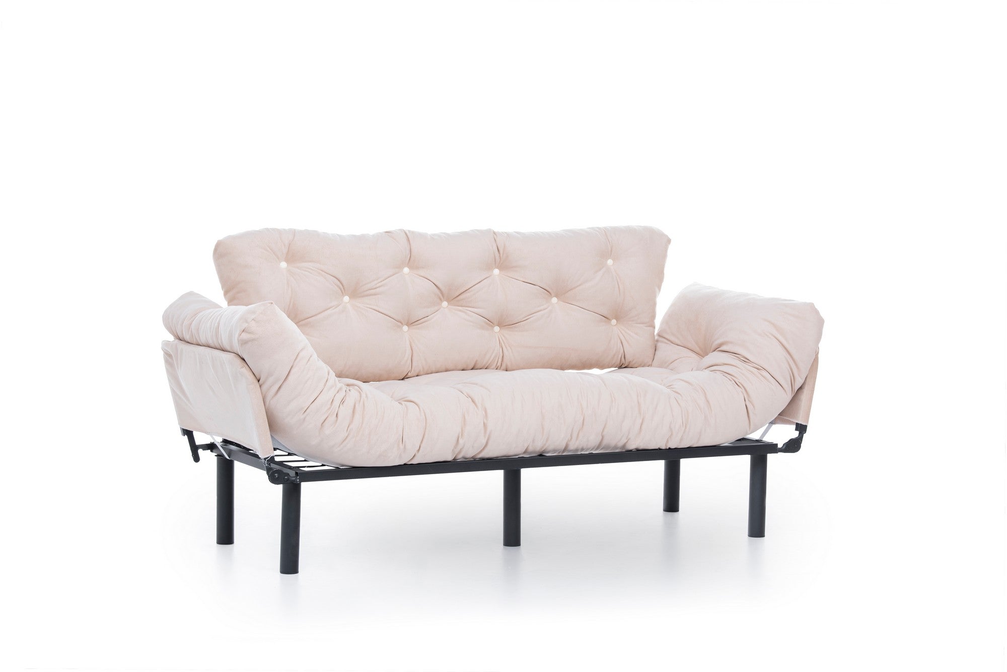 Sofá-cama moderno de 3 lugares, tecido de poliéster creme, estrutura 100% metálica, 185 cm | Braços ajustáveis em 5 níveis, capacidade para 300 kg, design elegante e funcional